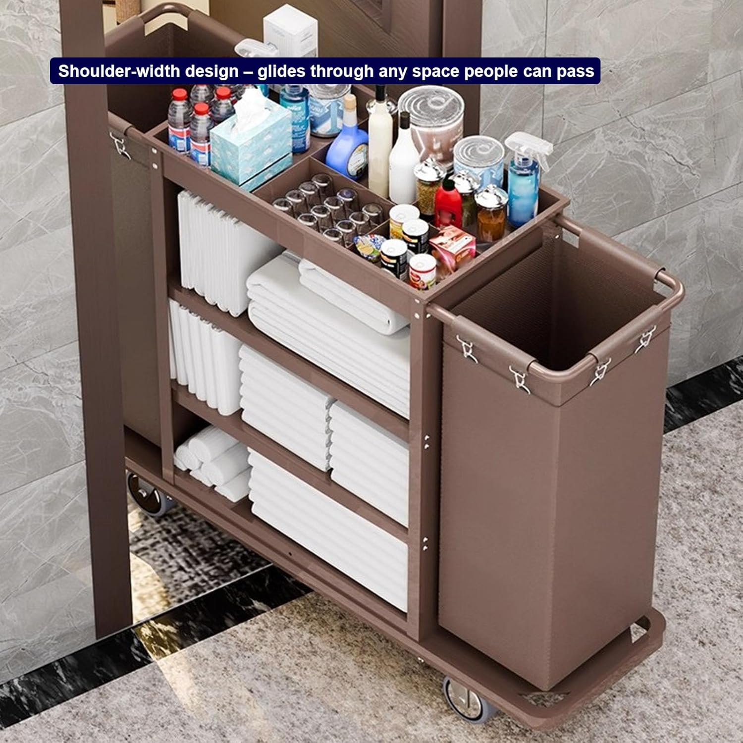 Hotel Housekeeping Linen Cart, Heavy-Duty Cleaning Trolley with Storage Shelves and Laundry Bag, Multifunctional Janitorial Service Cart for Guest Room Cleaning and Maintenance(Size:A)