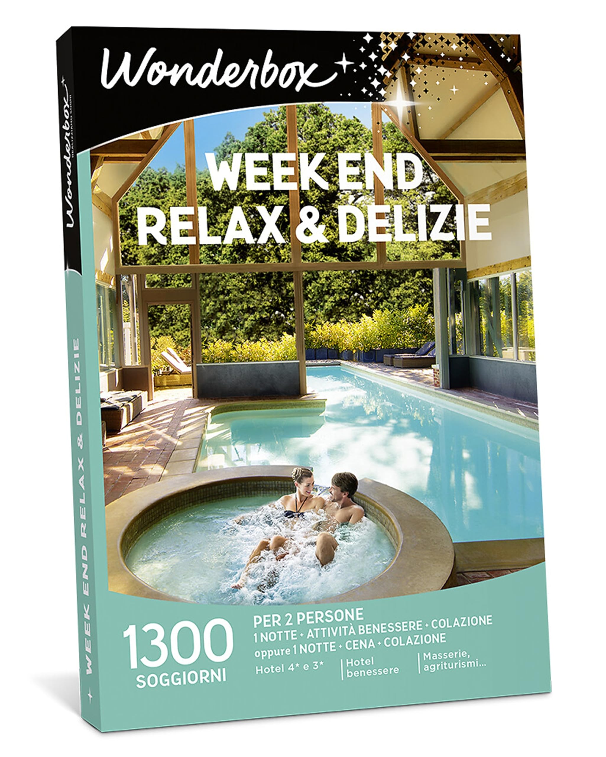 Wonderbox - Cofanetto Regalo - Week End Relax & Delizie - 1 notte + 1 attività benessere + colazione - Per 2 persone - Hotel 4* e 3*, hotel benessere, masserie, agriturismi... | 1 notte + 1 attività benessere + colazione - Più di 1300 soggiorni - Hotel 4*