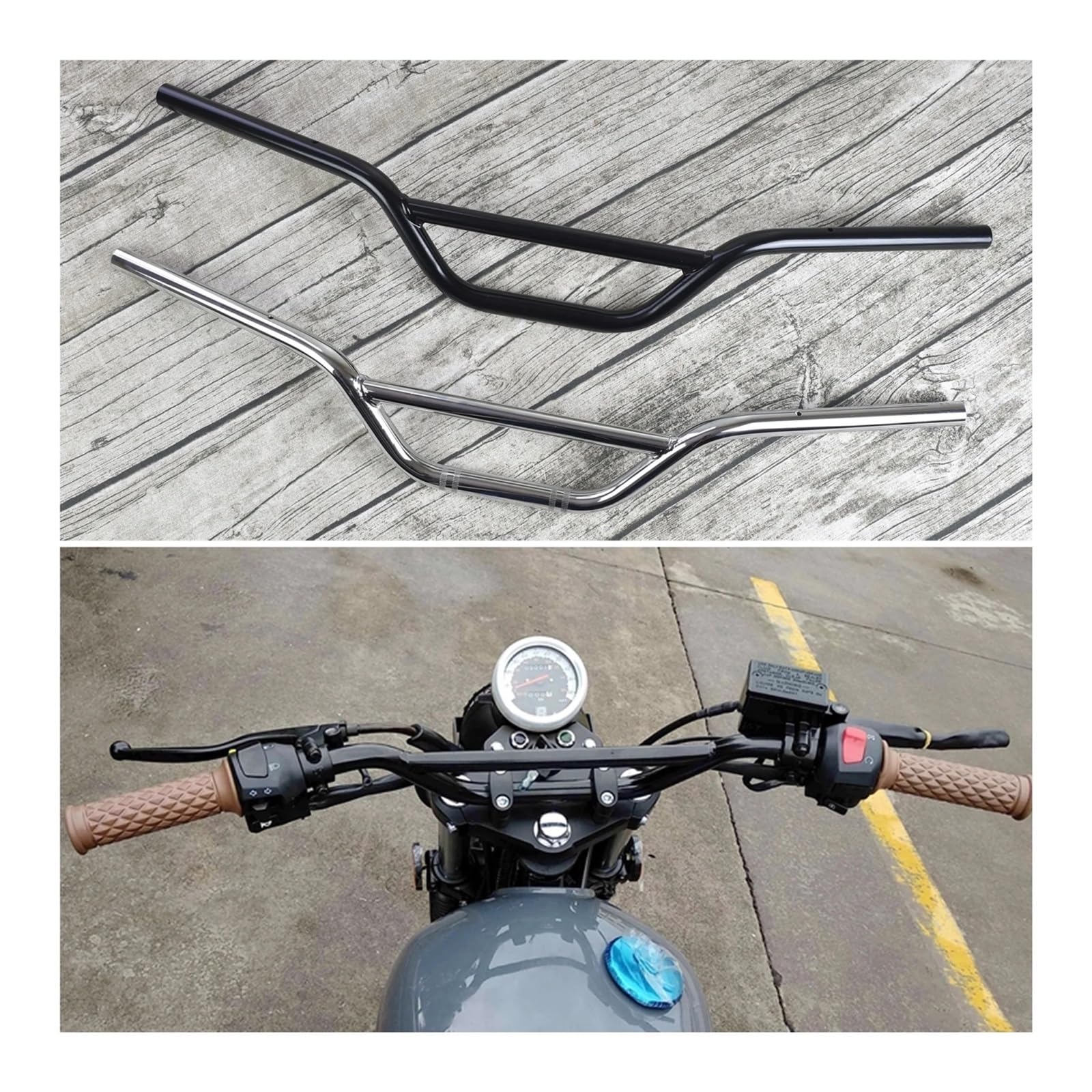 Vintage Motocykl 22 mm Kierownica Tracker Wzmocniona poprzeczka Dirt Pit Bike Scrambler Cafe Racer Retro Kierownica Motocykla (Czarny)
