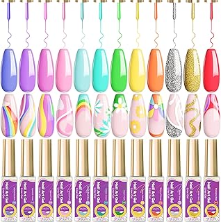 JOSLOVE Gel Nail Polish Set - 12 Colors Gel Liner Nail Art Pastel Gel Art Paint Nails Built Thin Nail Art Brush in Bottle ...