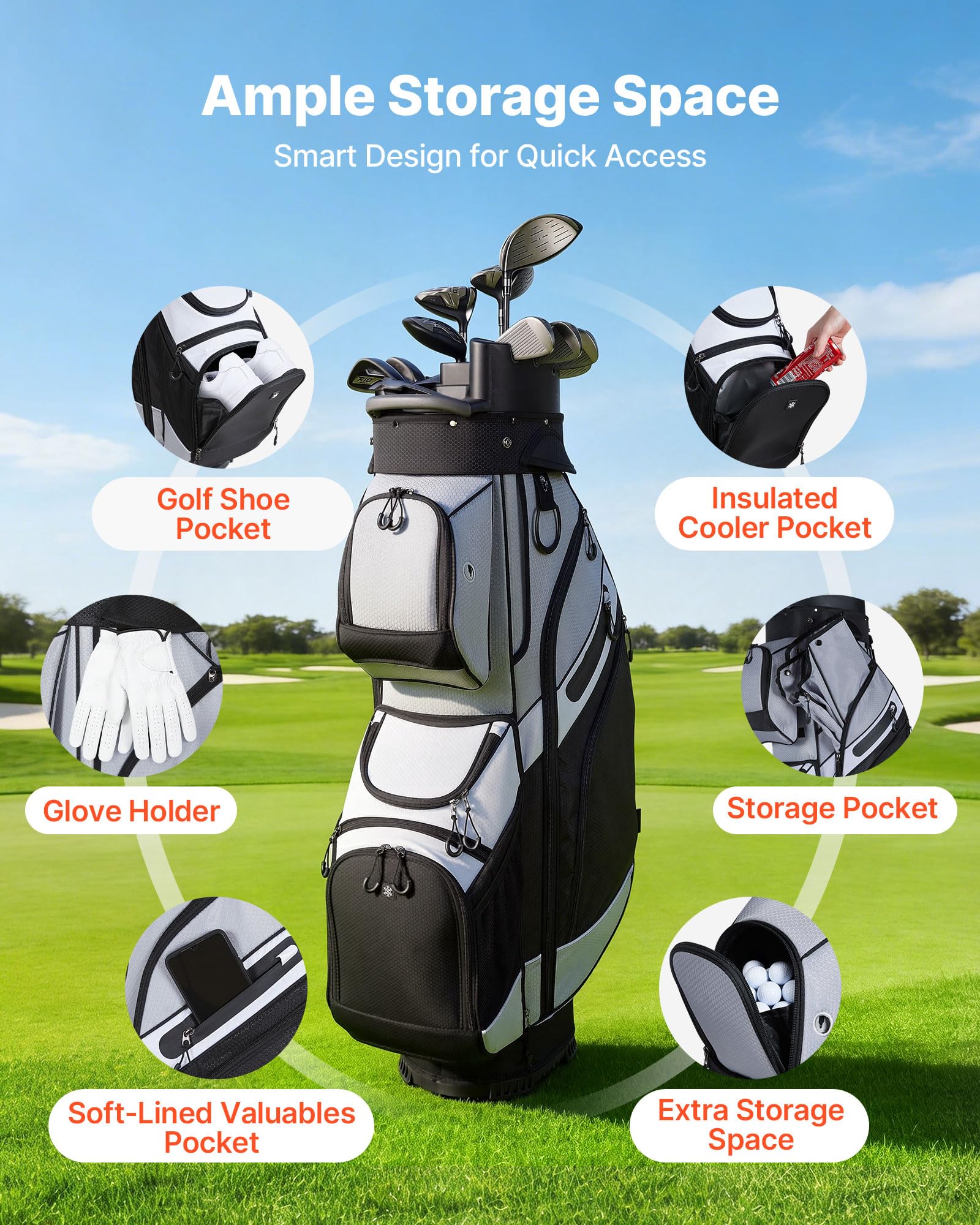 VEVOR Golftasche mit 14-fache Durchgehenden Schlägerfächern Tragegriffen Stautaschen Schultergurt Regenschutzhaube Leichtgängigen Reißverschlüssen Golfbag aus Strapazierfähigem 500D Polyester
