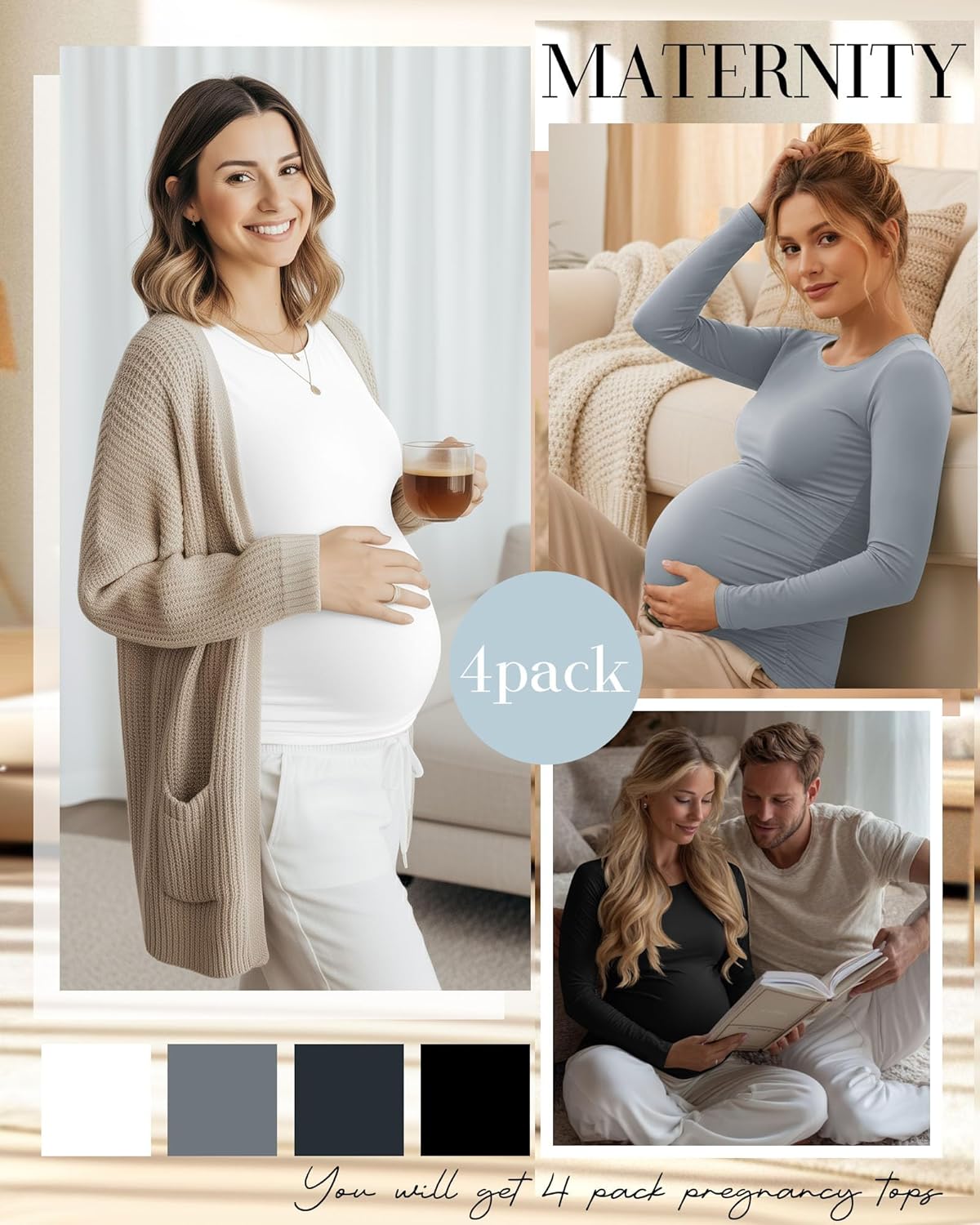 Huukeay 4 Pack Women's Maternity T Shirts, Long Sleeve Side Ruched Pregnancy Top Crew Neck Bodycon Shirts Casual Mama Clothes - Image 3