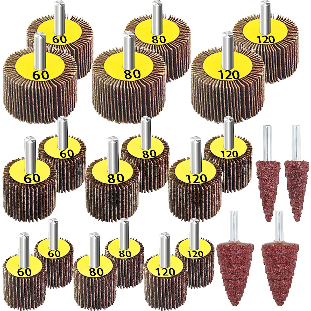 FEIHU Roue Abrasive 22 pièces, têtes de ponçage, set de disques à lamelles, （Grain 60,80,120） pour Brosse Poncage Perceuse Accessoires Polissa