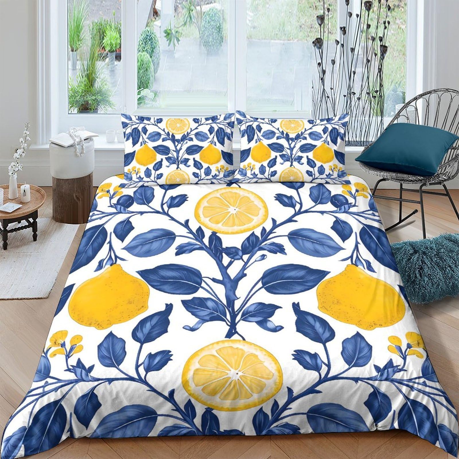 Ctjqhvkz Style-1 3D Printed Lemon Botanical Fitted Sheet Microfiber Soft Yellow Blue Mattress Cover For Bedroom Guest Room Decor Single（135X200cm）