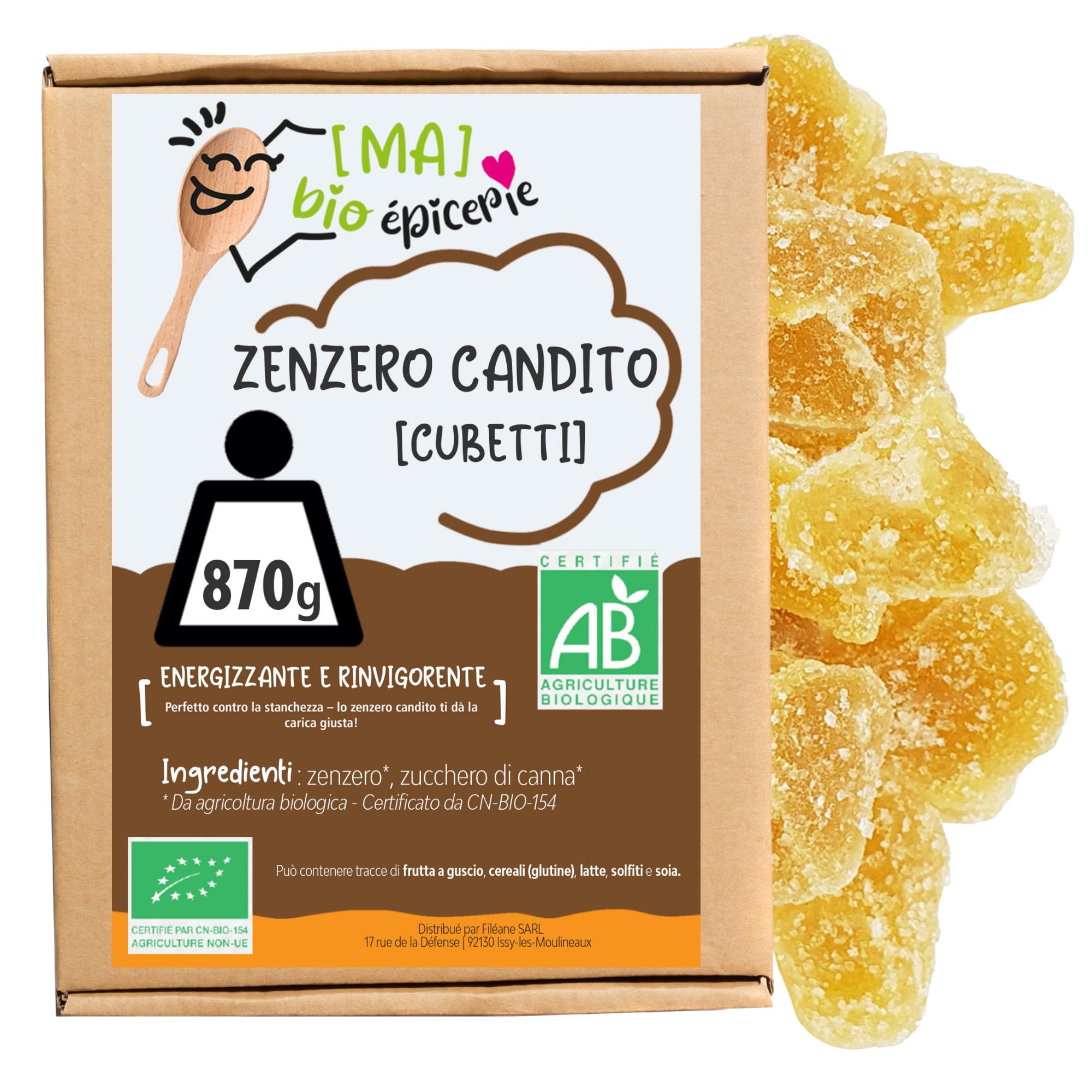 MA bio-épicerie - Zenzero Candito Bio in Cubetti 870 g - Zenzero Disidratato Sfuso Senza Conservanti - Formato Versatile per Cucina e Pasticceria