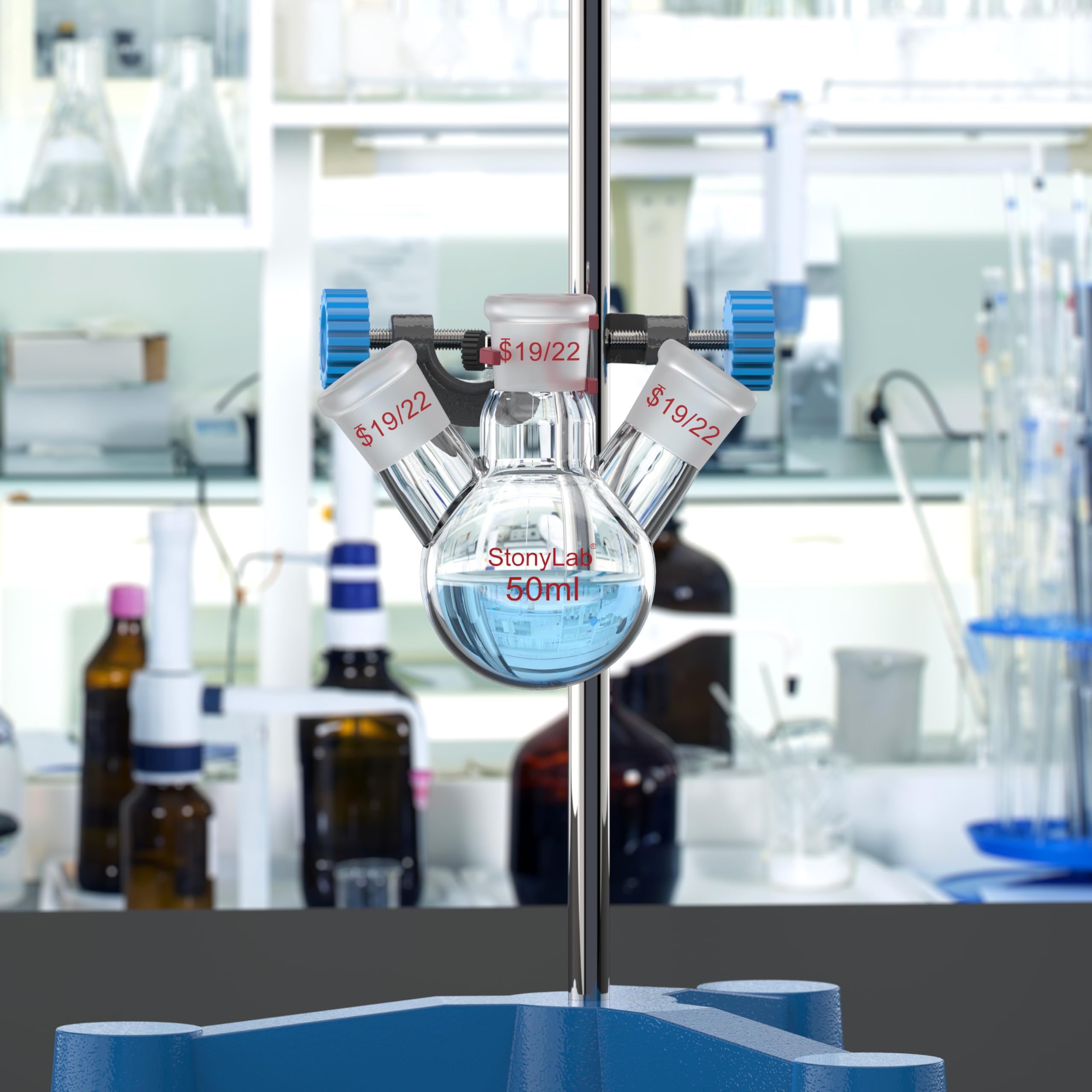 StonyLab 3-Cuello Matraz Redondo en borosilicato vidrio, con 19/22 Conjunta Externa Cónica Estándar de Centro/Lado, 3 Neck Round Bottom Flask (50 ml)