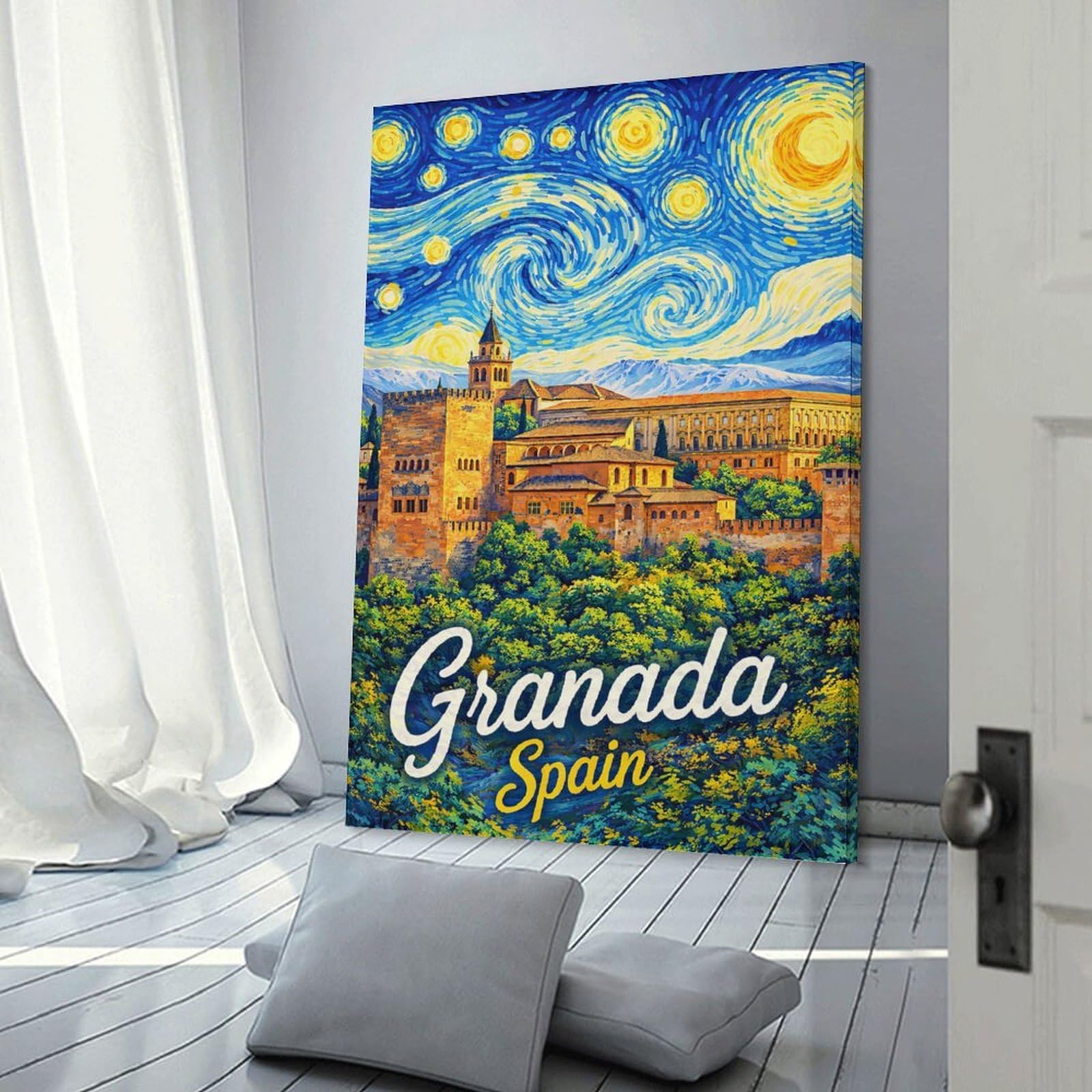 Junmoney Granada Spain Starry Night Painting Home Decor Wall Art, 08x12inch(20x30cm), for Apartments, Flats Or New Home Decor, An Easy Choice for New Home Styling