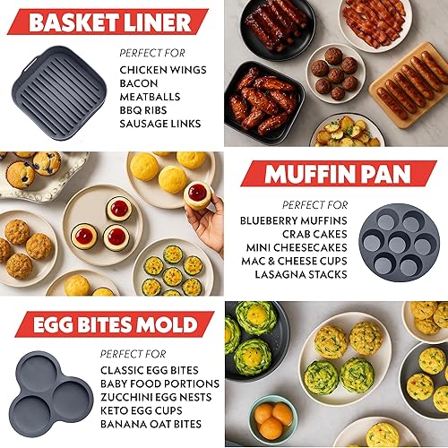 Miniatura 2 de Gourmia Set de Accesorios para Freidora de Aire - Juego de 3 Piezas de Silicona, Forro, Olla para Huevos, Molde para Cupcakes de 7 Agujeros, Sin