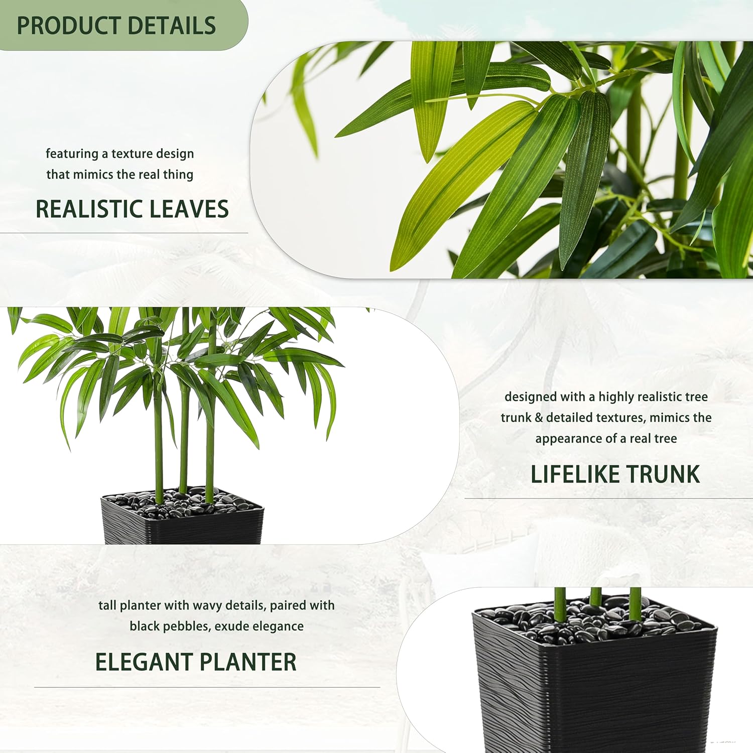 Artificial Bamboo Tree, 5FT Fake Plants Faux Bamboo Plant with Black Square Planter, Artificial Trees Faux Silk Plant with 3 Trunks & Green Lush Leaves for Home Office Indoor Outdoor Decor