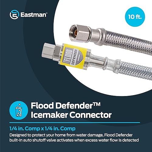 Miniatura 2 de Eastman Conector para máquina de hielo, compresión de 1/4 de pulgada, válvula de cierre automático Flood Defender, manguera de acero inoxidable