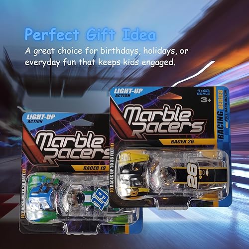 Miniatura 9 de Marble Racers - Coche de carreras con luz a escala 143 con motor de retroceso rápido - ruedas naranjas