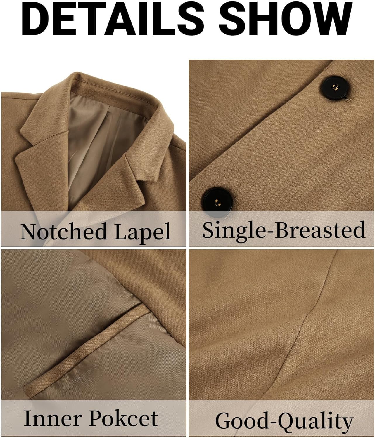 PASLTER Mens Mid Long Trench Coat Slim Fit Winter Pea Coat Single Breasted Business Overcoat - Image 5