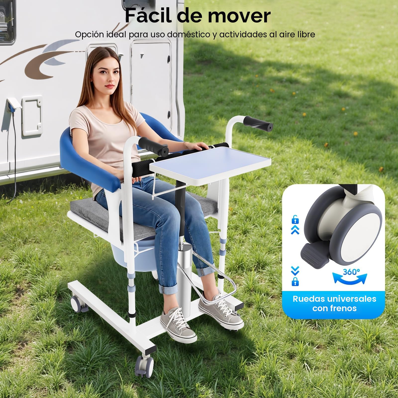 Silla de ruedas hidráulica para pacientes, elevador de pacientes, silla de inodoro ajustable en altura con cómodo reposapiés, cubo de ABS y respaldo plegable de 180° para personas mayores, embarazadas