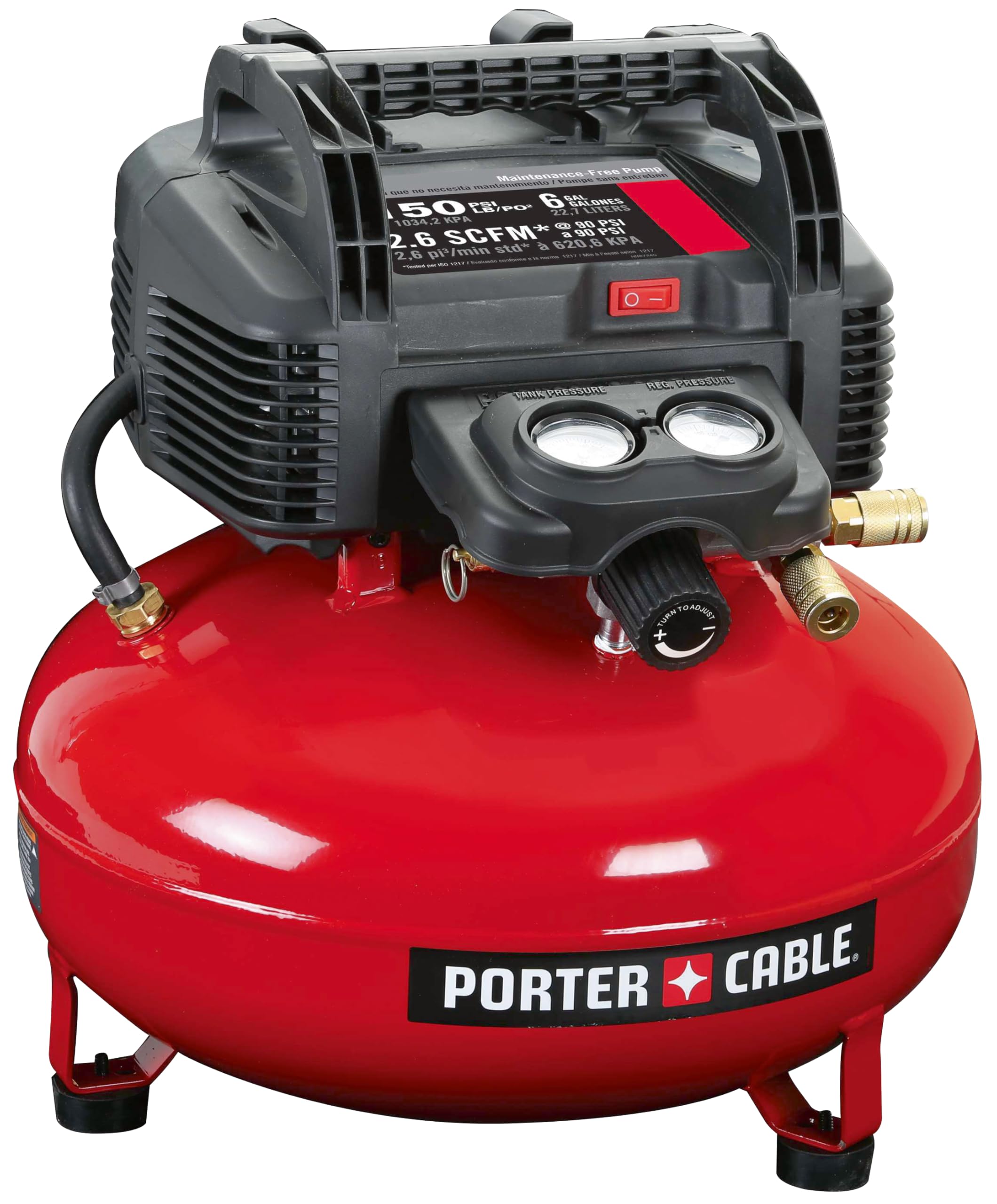 PORTER-CABLE 6 Gallon Pancake Air Compressor 150 Max PSI and 2.6 CFM @ 90 PSI, 13 Piece Kit: 25' x 1/4" PVC Air Hose, Tire Chuck, Blow Gun, Tire Gauge