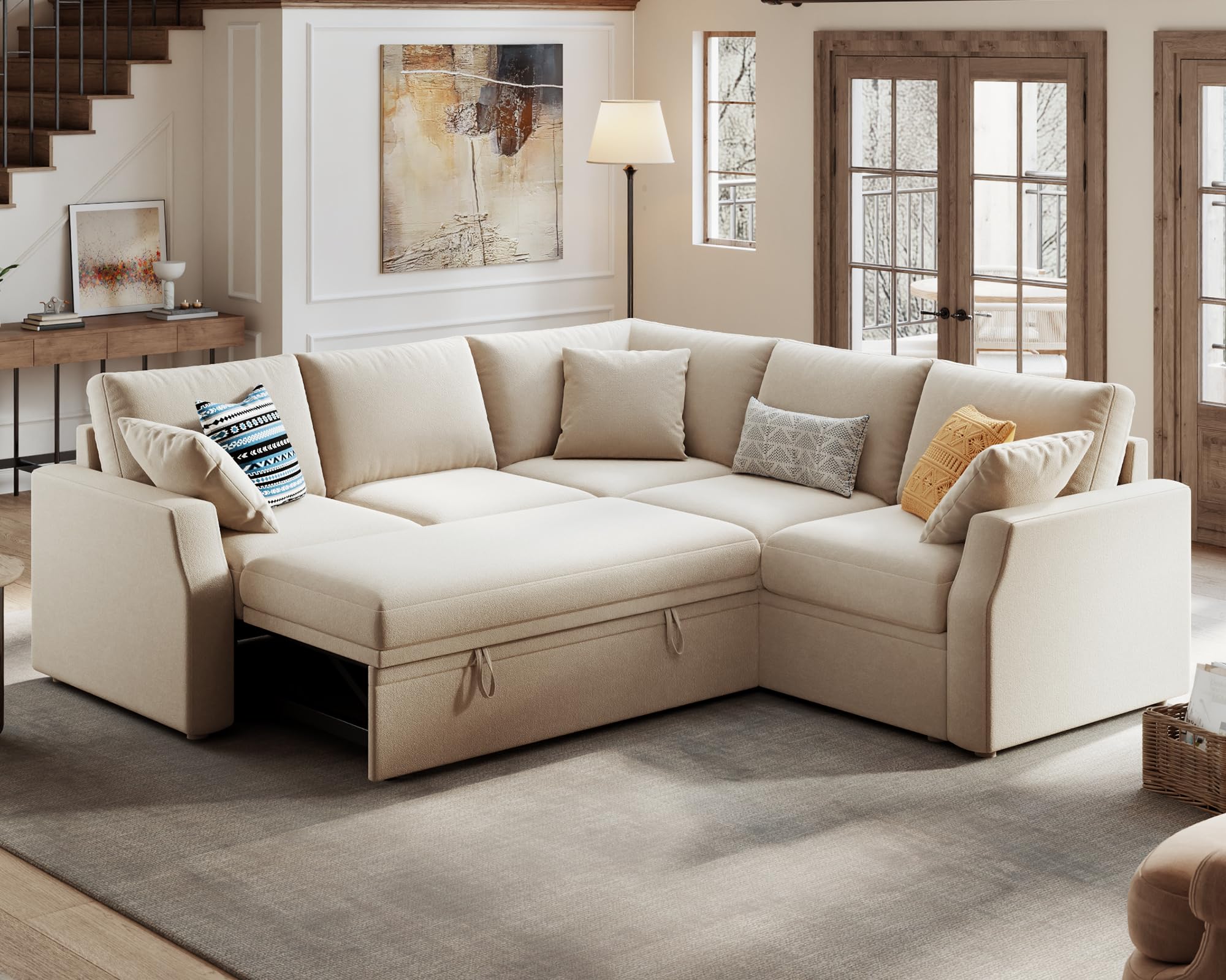 PaPaJet Sleeper Bed, 85 Inch Sleeper Sofa with Pull Out Bed & Storage Seat, Oversized Sofa Bed- Sectional Sofa for Living Room Apartment, Linen Beige