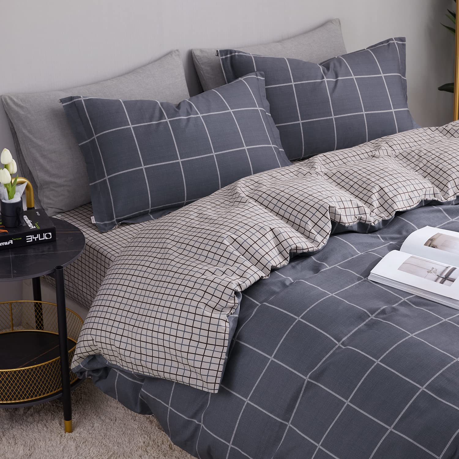 SAPHREAS Gray Plaid Duvet Cover Set 100% Cotton Single Size Comforter Cover Set 1 Duvet Cover 1 Pillow Shams - Image 3