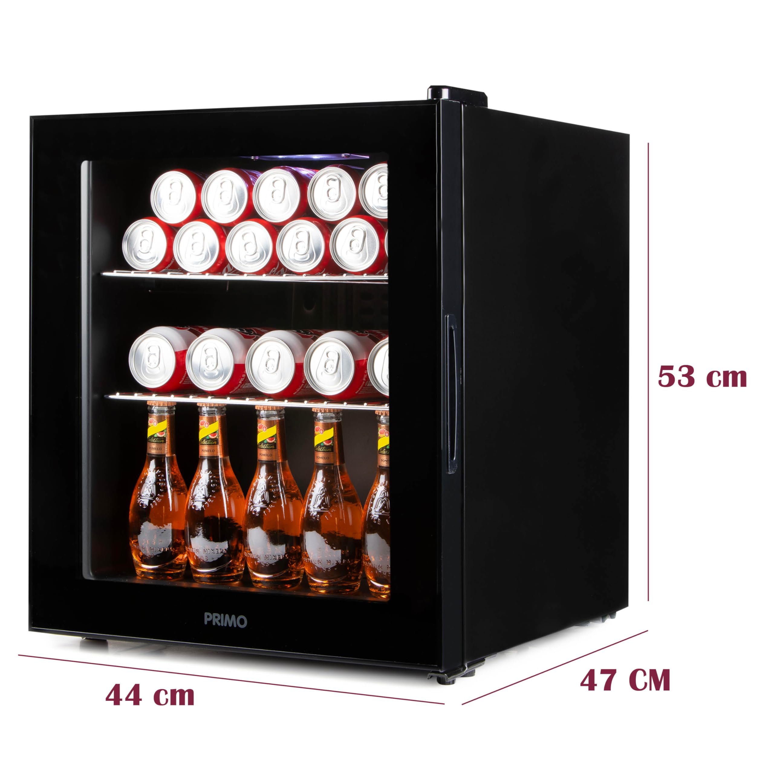 PRIMO PR178BC - Frigorifero per bevande, minibar, mini frigo, porta vetrata, posa libera, 46 l, D, nero