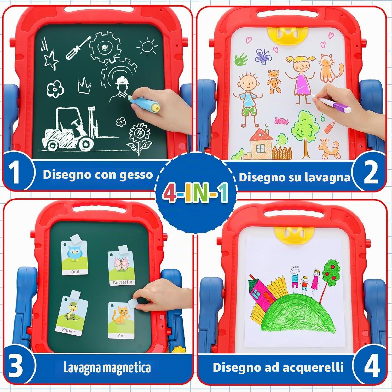Lavagna per Bambini 4 in 1 con Lavagna Bianco Cancellabile, Lavagna Nera per Gessoi e Magnetica, Cavalletto Pitturai Regolabile Altezza, Giochi Educativi Regalo 2 3 4 5 6 Anni