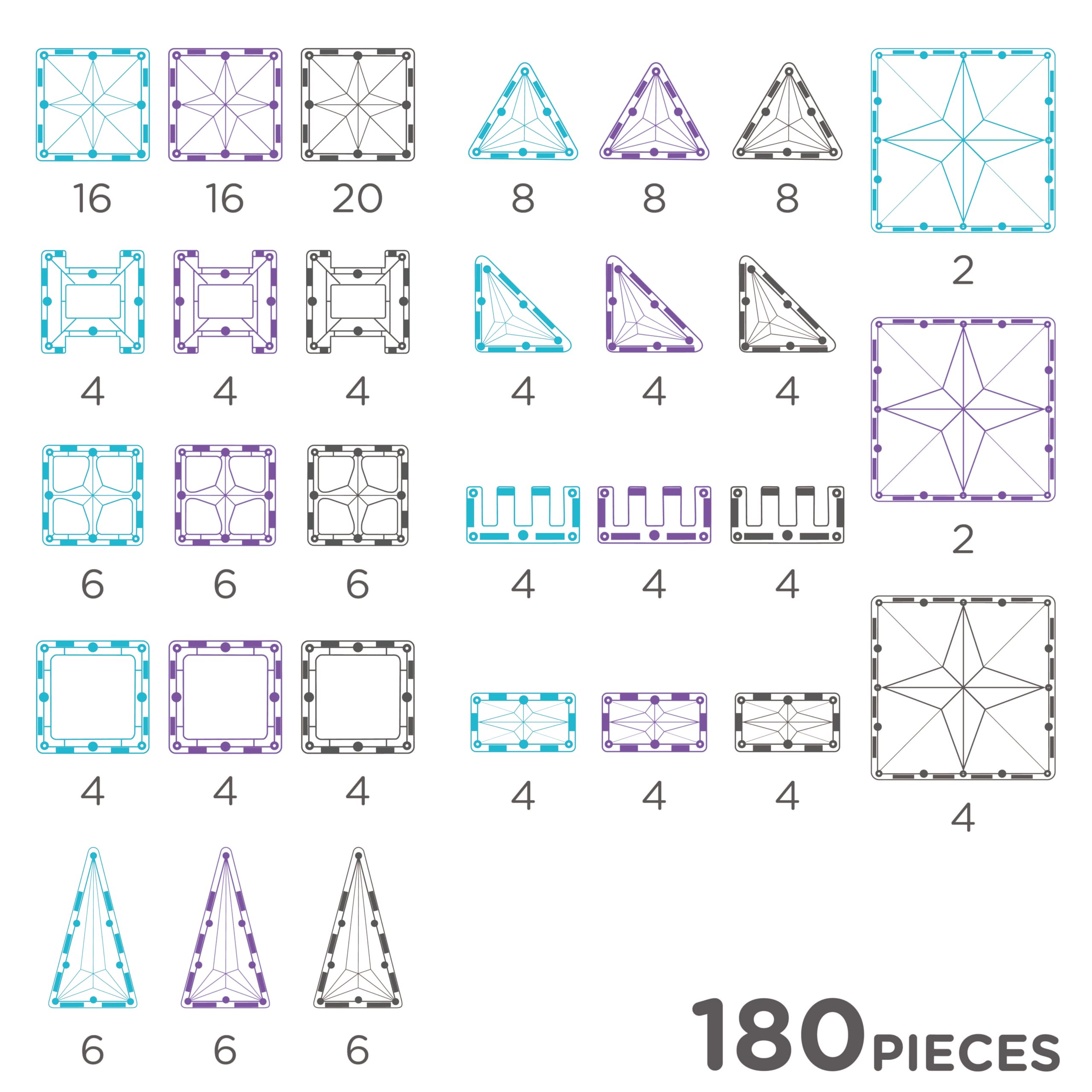 Mega-Eiskristall-Bausatz 180 Teile, abwechslungsreiche Formen und Farben, langlebiges Magnetspielzeug, magnetische Bausteine, erweiterbare Sets, weiß blau violett, für Kinder ab 3 Jahren