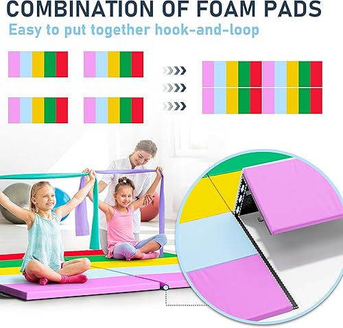 Miniatura 2 de Betterhood Gymnastics Mats for Tumbling Set of 2, 1.5" Thick Folding Exercise Mats wHook & Loop, Non-Slip Bottom & Carrying Handles, Rainbow