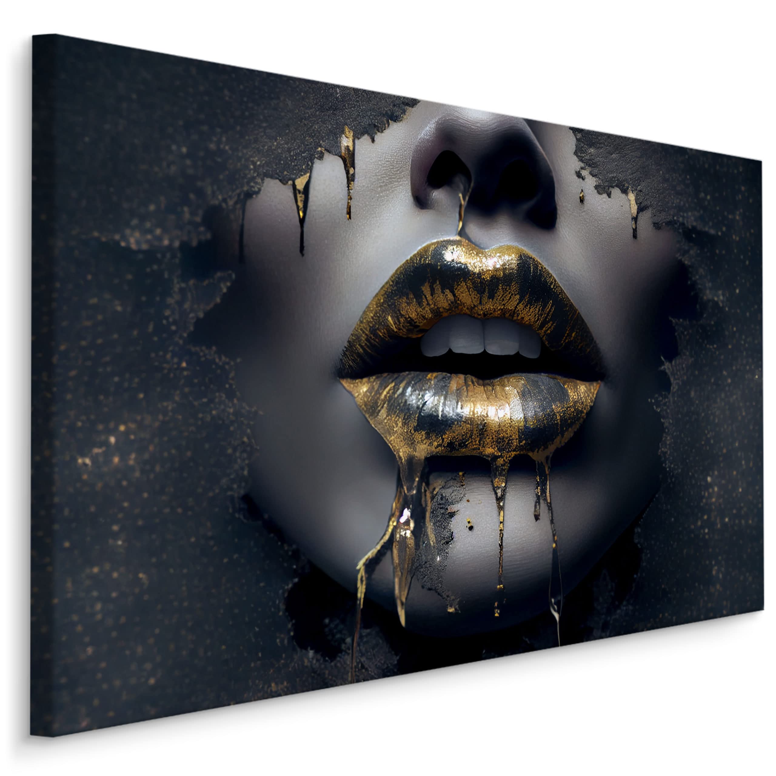 Muralo Tableau Décoration Murale Visage Doré Lèvres Femme - 120x80 cm