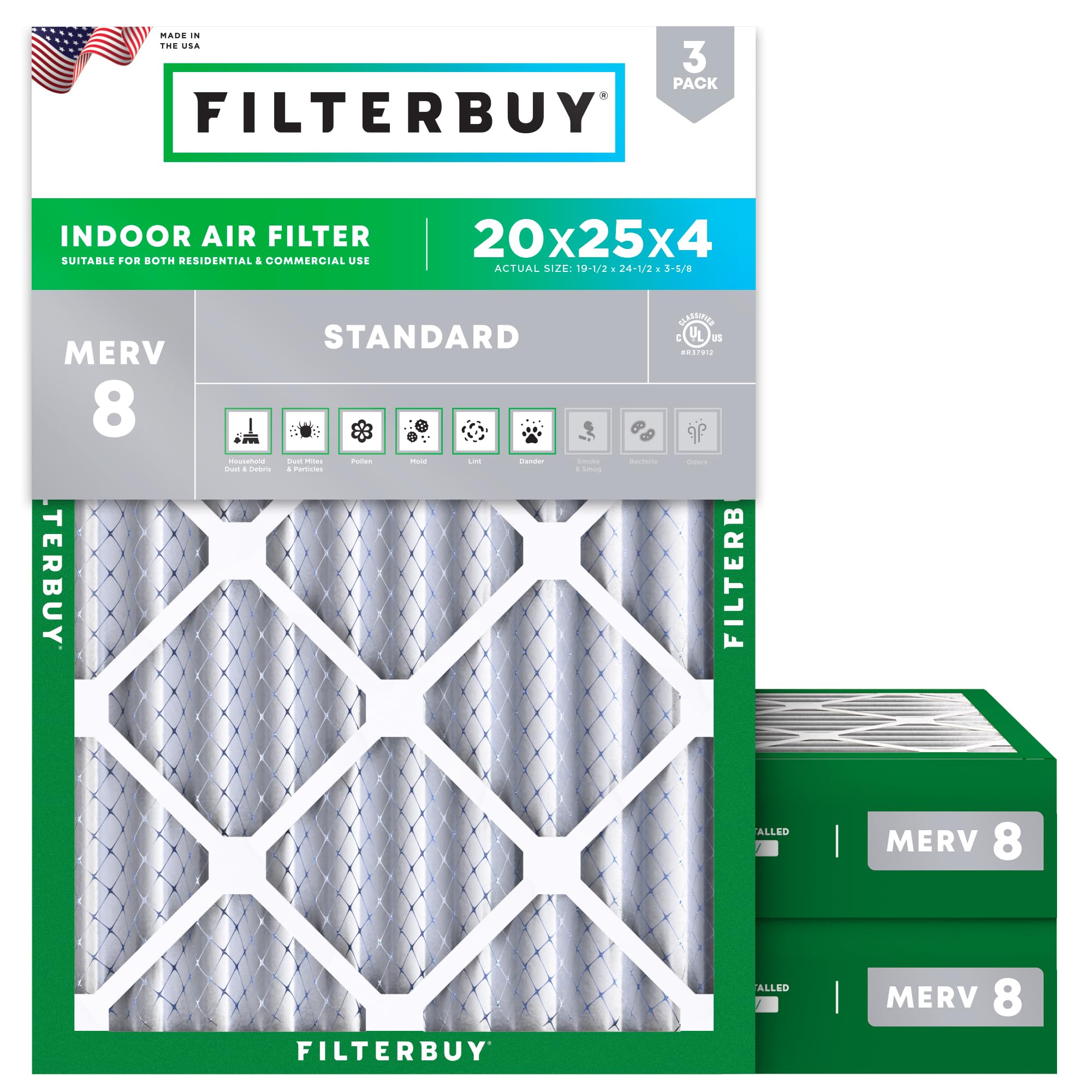 Filterbuy 20x25x4 Air Filter MERV 8 Dust Defense (3-Pack), Pleated HVAC AC Furnace Air Filters Replacement (Actual Size: 19.50 x 24.50 x 3.63 Inches)