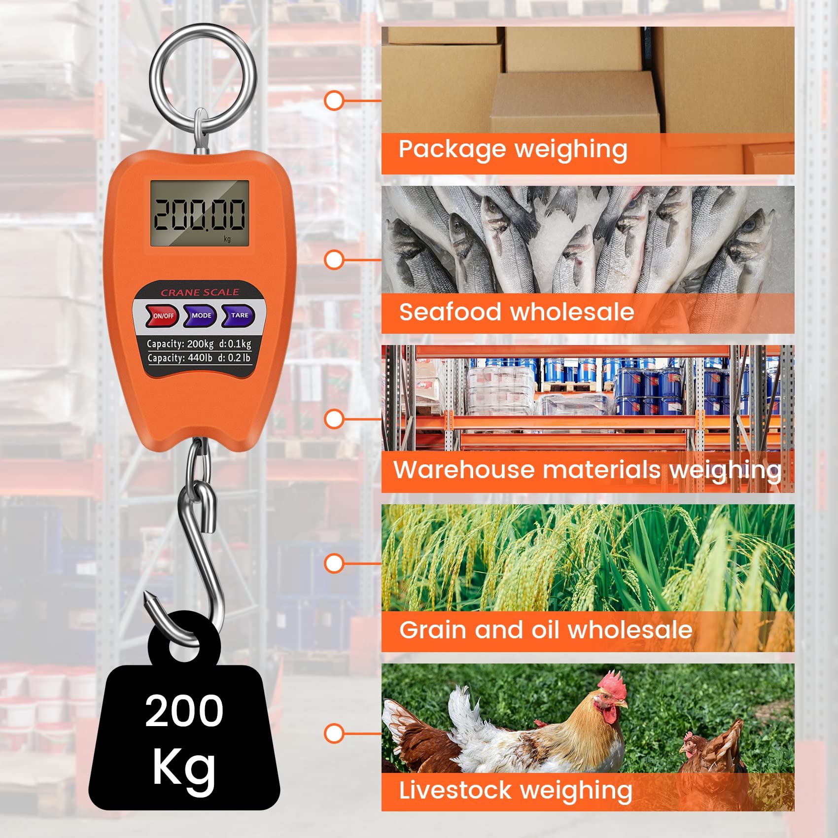 Mini Balance de Grue Pesant la Balance Suspendue Industrielle NuméRique 200Kg/441Lb Balances à Crochet Suspendues Robustes Orange