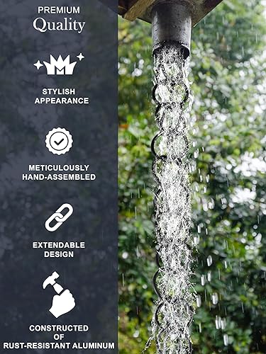 Miniatura 4 de Monarch Rain Chains Anillo de aluminio negro cadenas de lluvia para canaletas  Cadena de lluvia decorativa negra de 8.5 pies para exteriores,