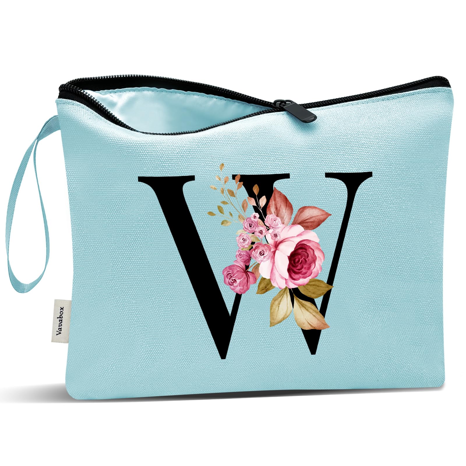 Vavabox A-Z Personalized Makeup Bag, Birthday Gifts for Women Mom, Gifts for Best Friend, Bride Bridesmaid Cosmetic bag (W, Aqua)