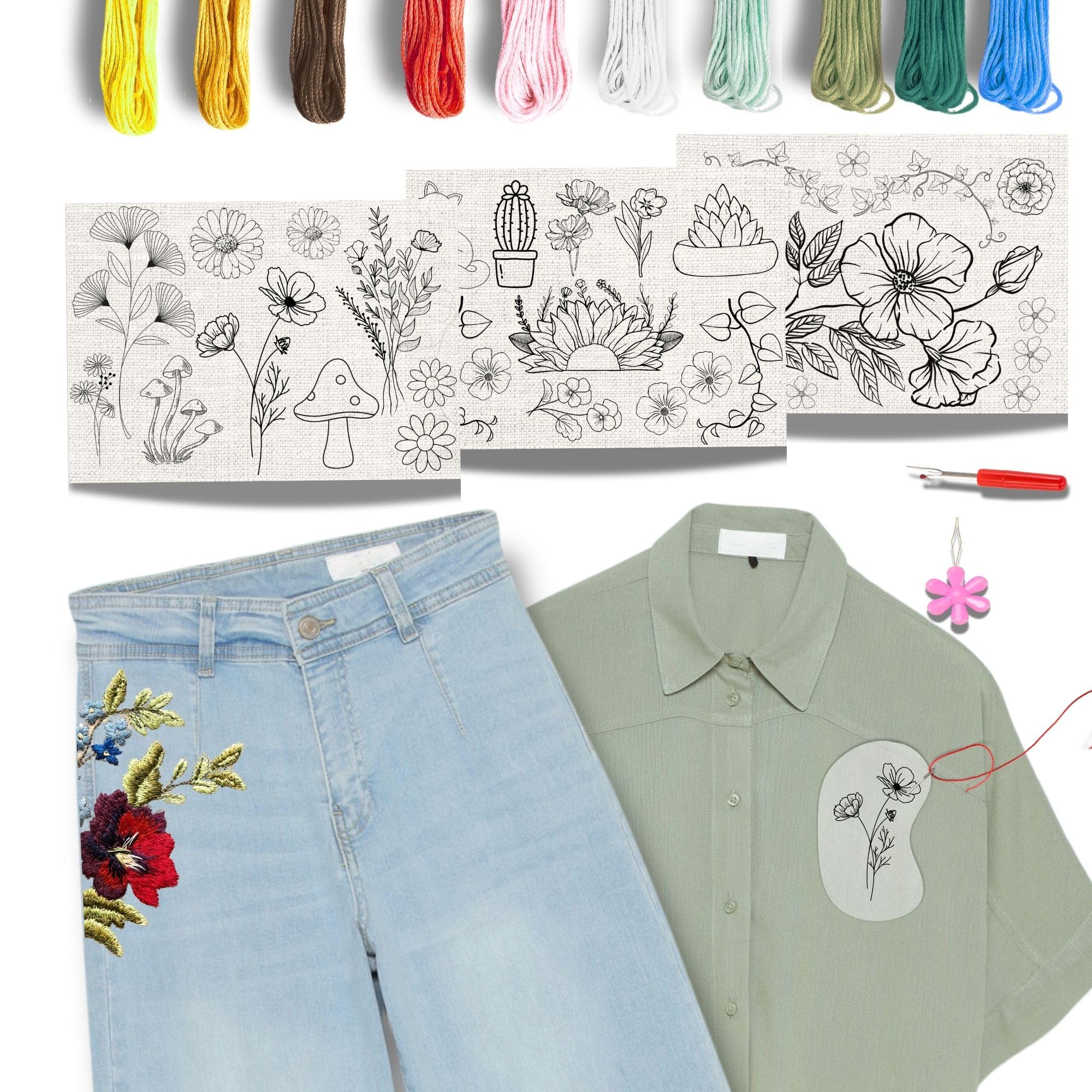 Easy Clothing Embroidery Kit - 34 Water Soluble Stick & Stitch Designs - Embroidery Kit for Clothes Starter Pack, Beginners All Inclusive Kit for Clothing Embroidery