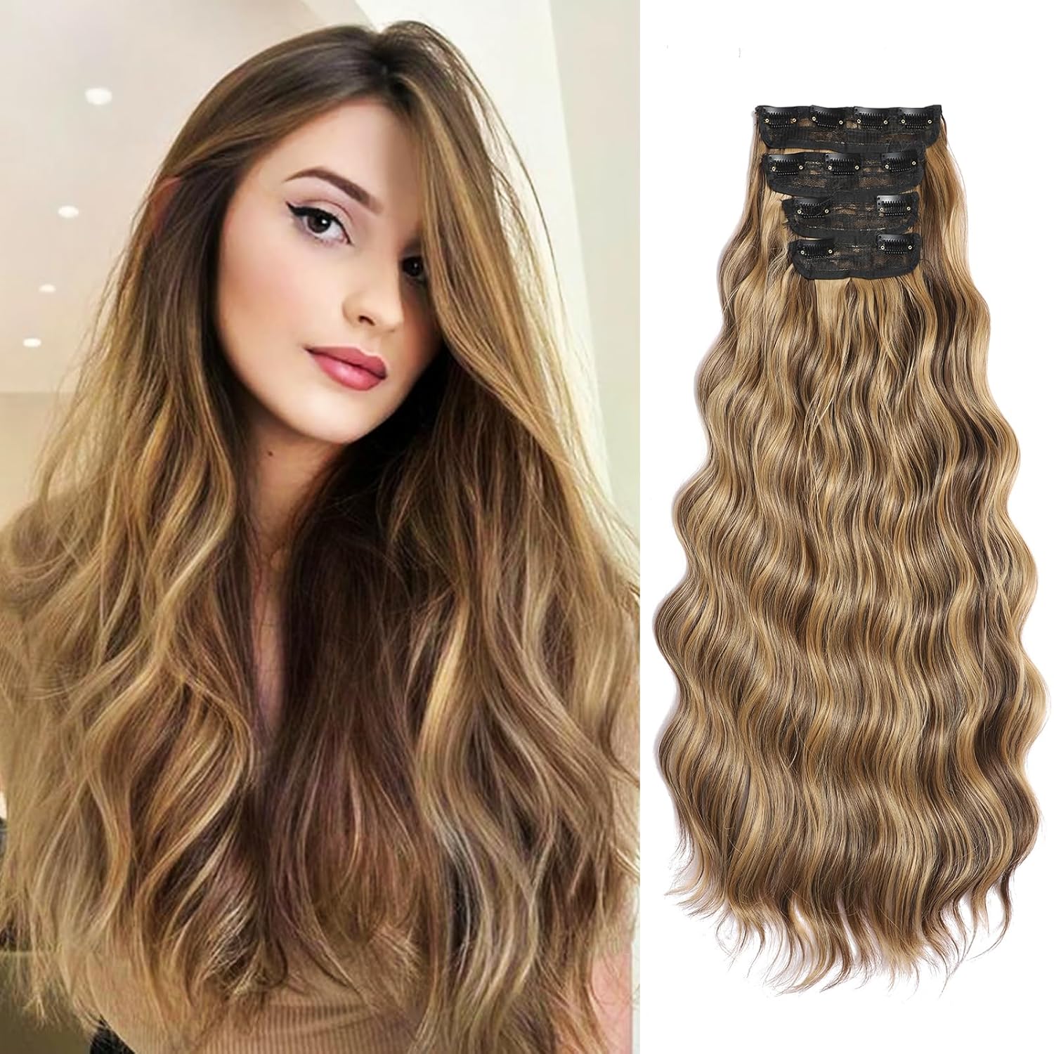 Clip in Hair Extensions for Women, 4PCS Long Wavy Curly Clip on Hair Extensions 24 Inch Honey Blonde Mixed Light Brown Synthetic Thick Hairpieces（24inch, #22H10）