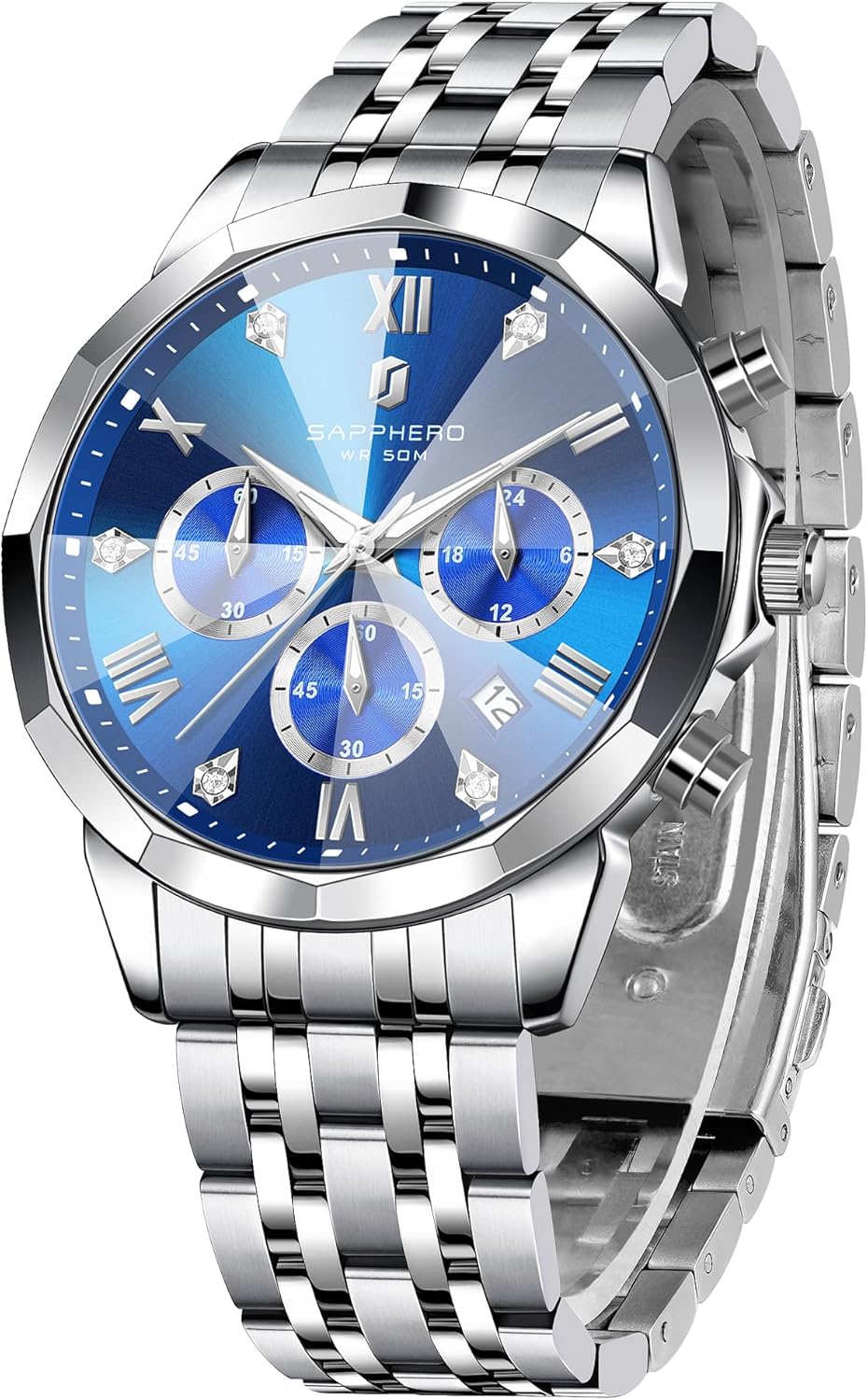 SAPPHERO Mens Watches Analog Quartz Chronograph Stainless Steel Watches for Men 50M Waterproof Men's Wrist Watches with Calendar Luxury Business Work Casual Watch Elegant Gifts for Men