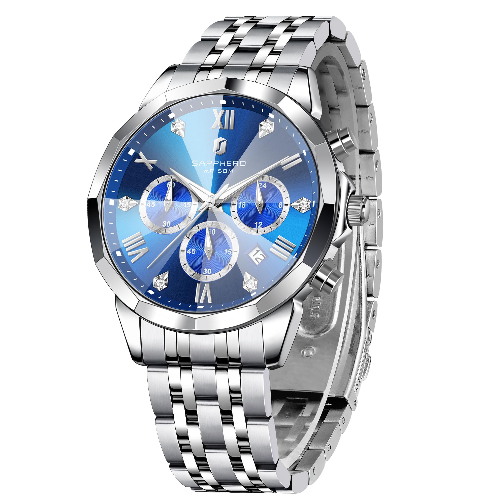SAPPHERO Uhren Herren Chronograph Analog Quarz 50M Wasserdicht Armbanduhr Herren Mode Lässig Business Herrenuhren mit Kalender Edelstahlarmband Uhr Geschenk für Männer