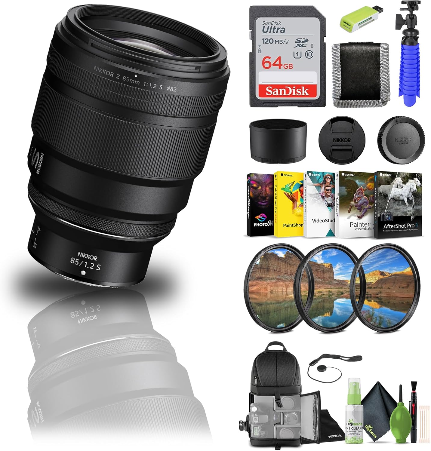 Nikon - NIKKOR Z 85mm f/1.2 S Standard Lens for Z Series Mirrorless Cameras (20114) + 64GB Memory Card + Filter Kit + Backpack + Card Reader + Corel Photo Software + Flex Tripod + More