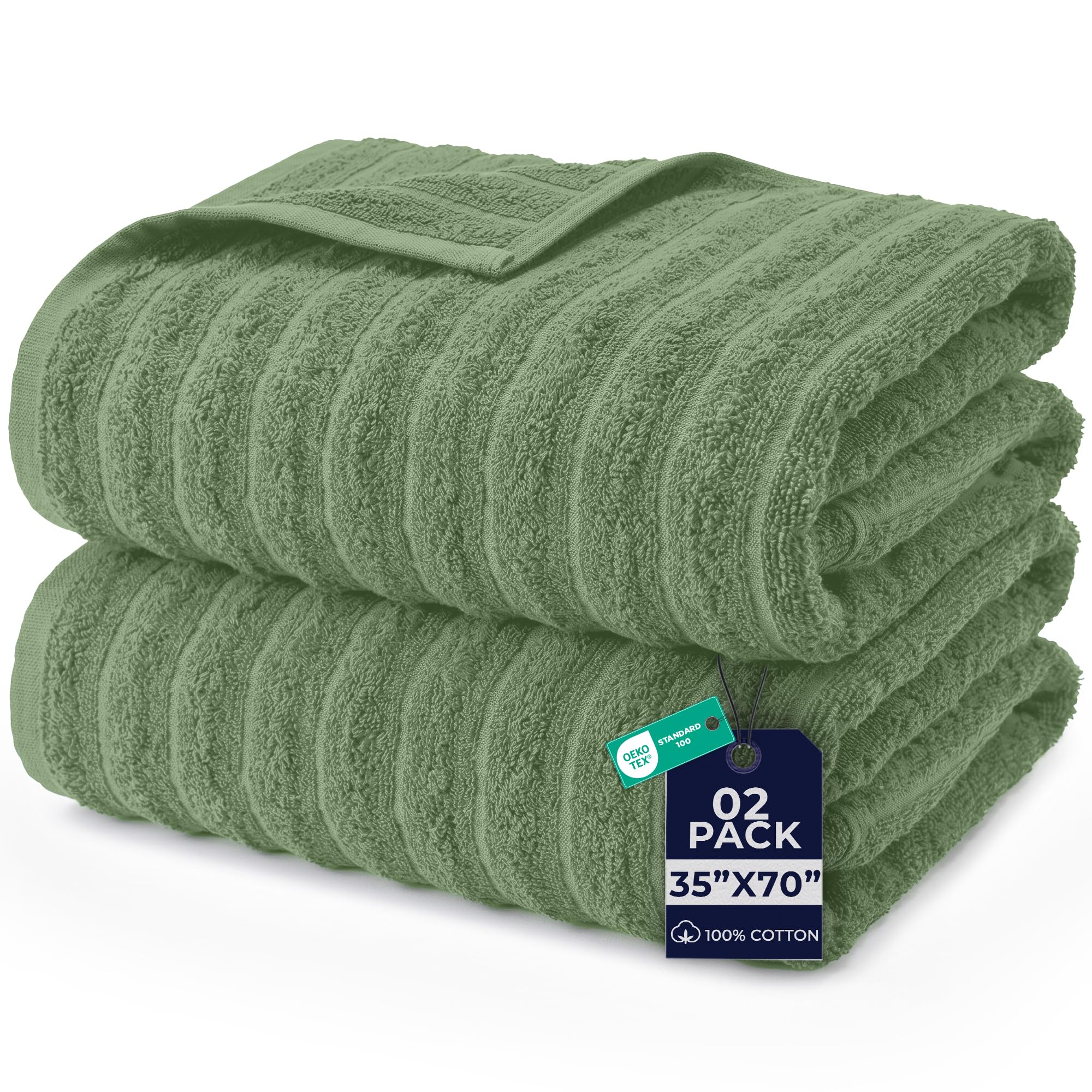 DAN RIVER Ribbed Extra Large Bath Sheets Pack of 2, 35 x 70 Inches, Sage