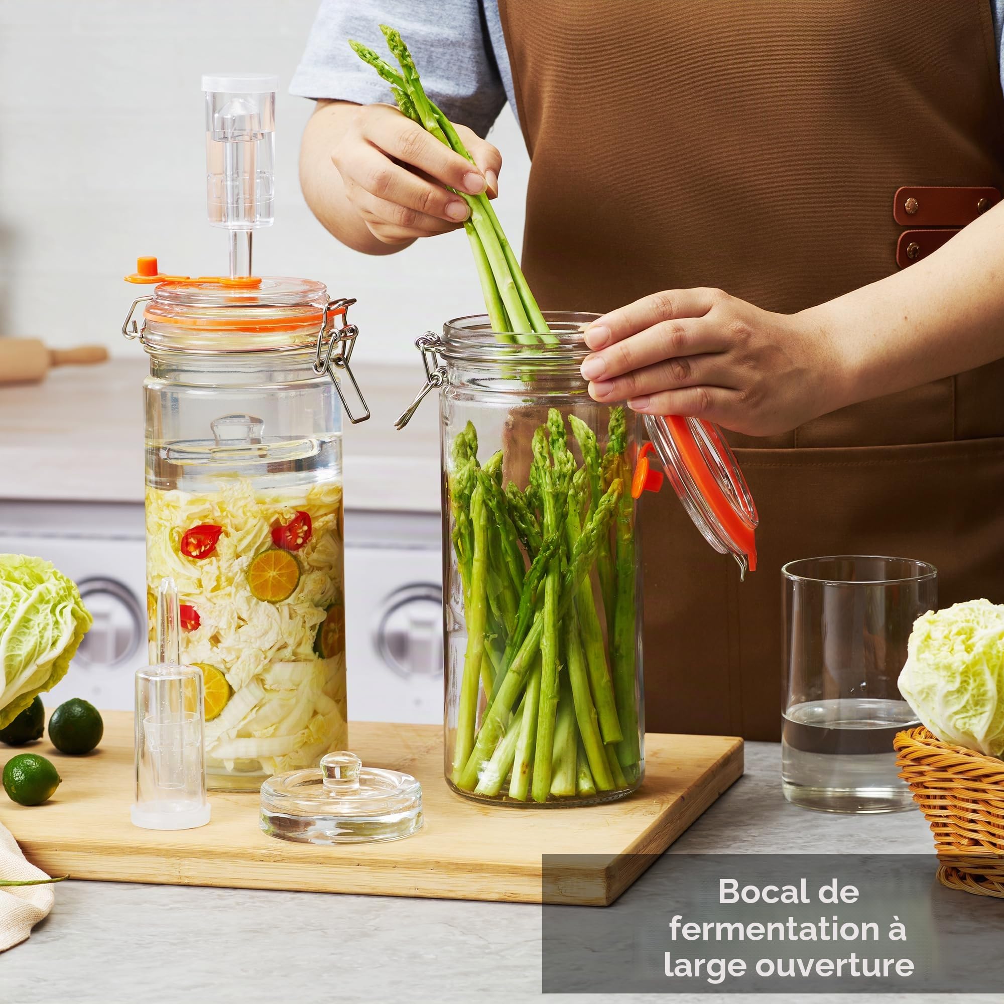 Lot de 2 bocaux de fermentation de 1,3L avec couvercle de fermentation et poids – Bocal de fermentation pour choucroute, kimchi, kombucha, cornichons et plus (2 pièces)