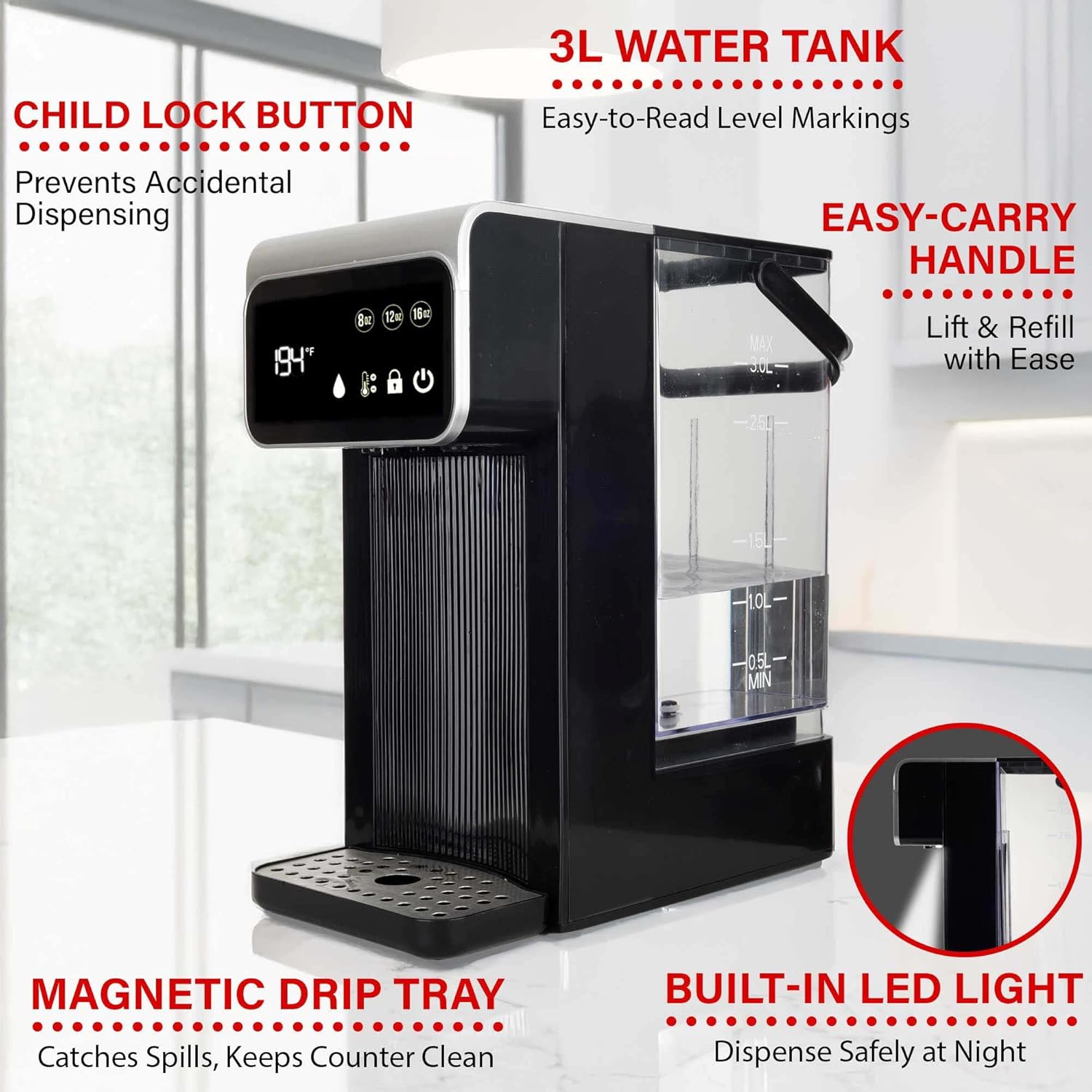 Brentwood KT-2300DBK 3-Liter 1800w Digital Instant Hot Water Dispenser with 7 Temperature Presets, 4 Water Volume Options, Large Carry Handle, and Child Safety Lock, Black