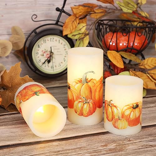 Miniatura 5 de Impress Life Velas sin llama parpadeantes de calabaza de cosecha otoñal 3 paquetes de velas adhesivas, decoración de Acción de Gracias, velas LED