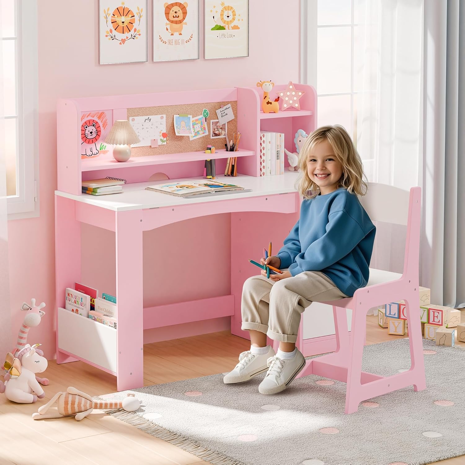 Kids Study Desk with Chair and Tiltable Desktop, Kids Study Desk and Chair Set with Hutch&Storage Cabinet, Wooden Children Study Table for 5-12 Years Old, Student Writing Desk for Bedroom (Pink)