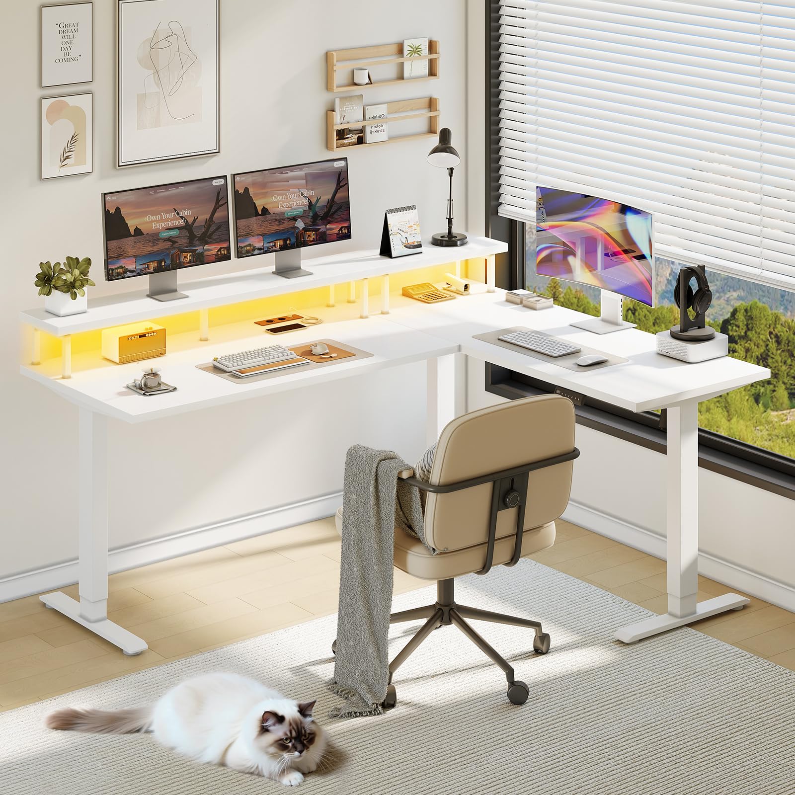 OffiGo Schreibtisch Höhenverstellbar, 150x120cm Eckschreibtisch Höhenverstellbar mit Monitorhalterung, Elektrisch Schreibtisch L Form mit Steckdosen, Computertisch mit LED Lichtleiste für Büro, Weiß
