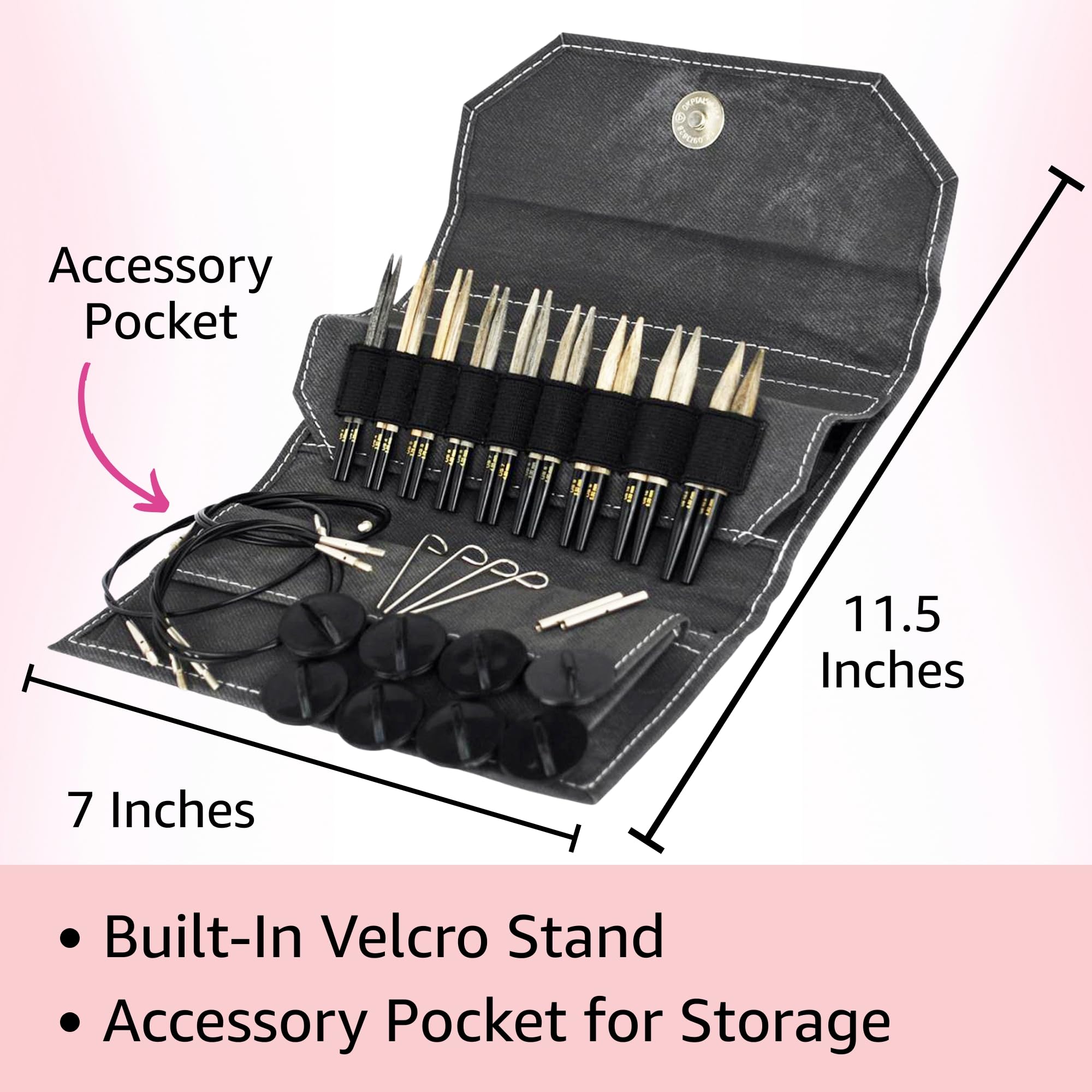 Lykke Stricknadeln, rund, bar, Treibholz, 9 cm lang, inkl. Artsiga Crafts Project Tasche 3.5-inch-(9cm)-Tip-Set grau