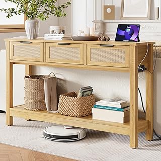 Rattan Entryway Table with 4-Port Charging Station (2 AC Outlets + USB/USB-C), 3 Drawers Storage & Open Shelf, Behind Couch Console Sofa Table for Hallway, Foyer - Natural Weave & Oak, 47 Inch