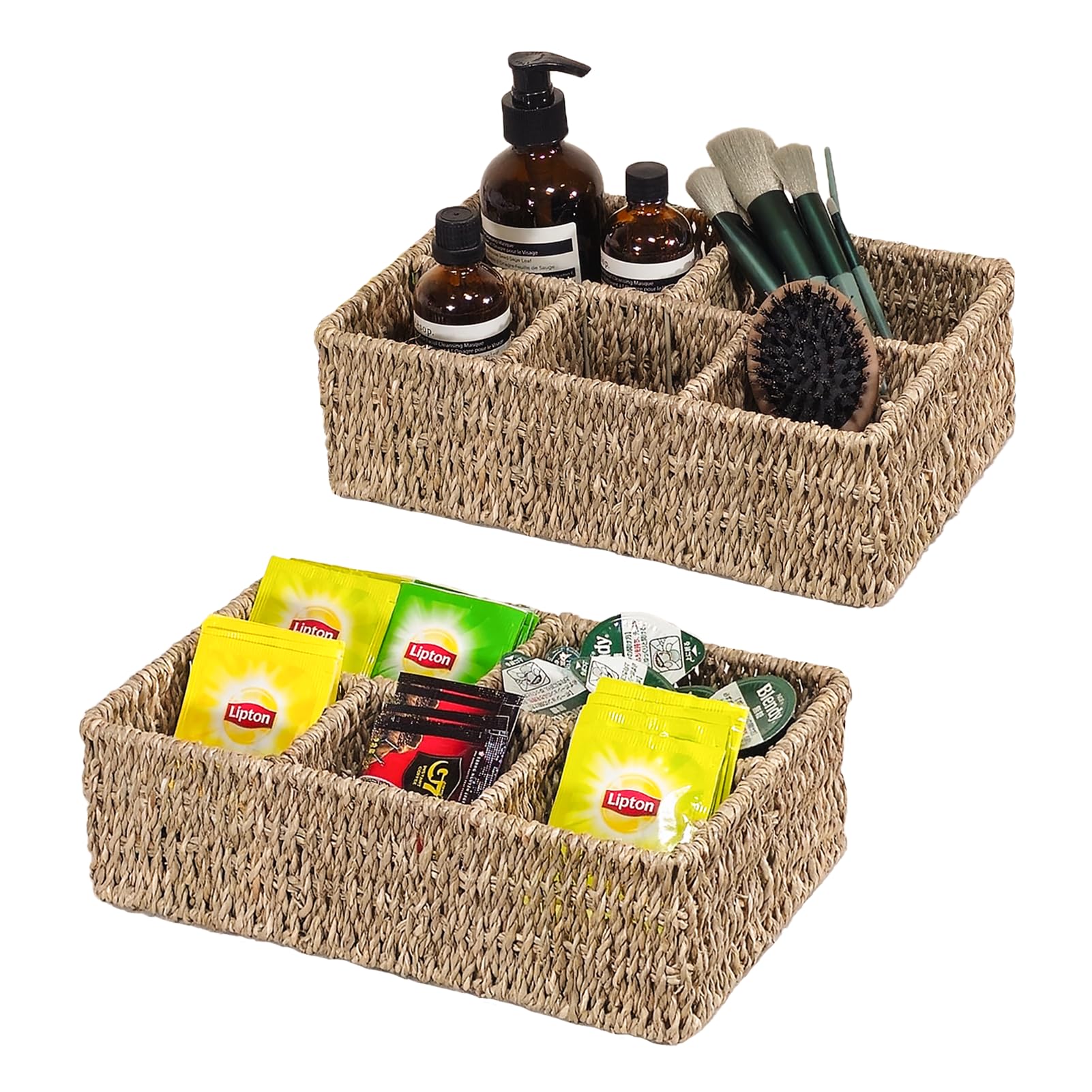 Ellinia Wicker Coffee Station Desk Pod Organizer, Wicker Divided Storage Basket Container with 5 Sections, Seagrass Baskets for Tea Bag Organizer,