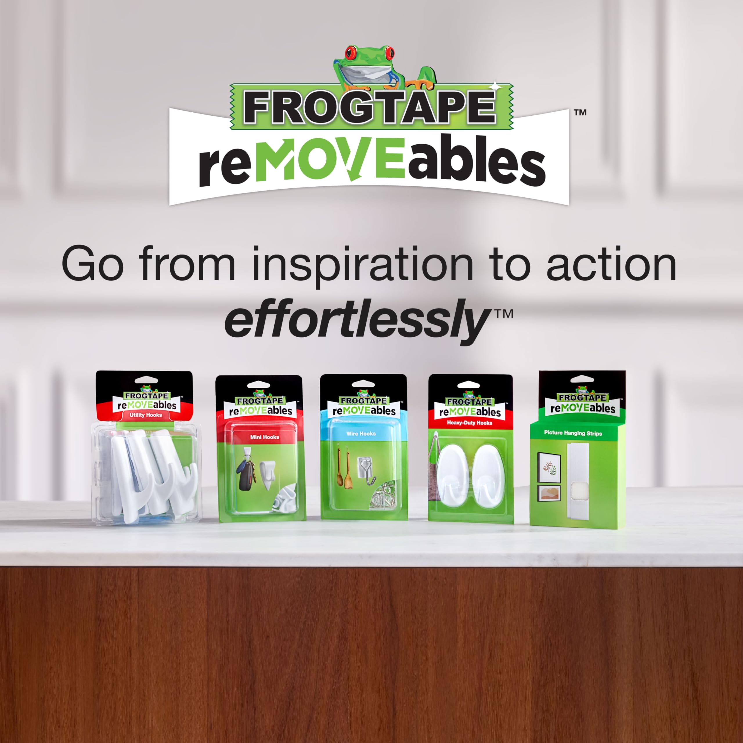 FrogTape reMOVEables - Tiras medianas para colgar cuadros, tiras adhesivas extraíbles sin daños, ganchos de fotos, montaje en pared para marcos, lienzo, decoración del hogar, blanco, 72 pares (144