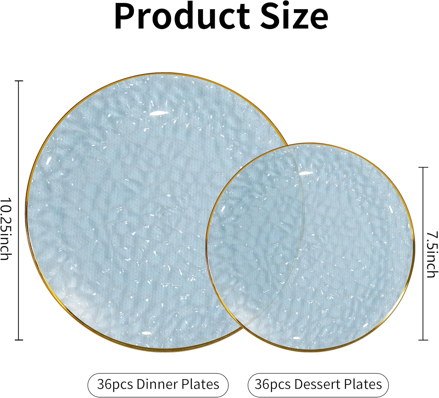 72Pcs Disposable Clear Blue Plastic Plates with Gold Rim, Fancy Blue Plates Includes 36 10.25" Dinner and 36 7.5" Dessert Plates, Hammered Heavy Duty Plastic Plate for Wedding Party - Image 3