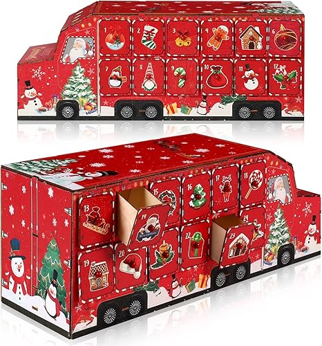 Calendario de Adviento de madera de Navidad, calendario de Adviento de camión rojo, cuenta regresiva para Navidad con 24 cajones de almacenamiento,