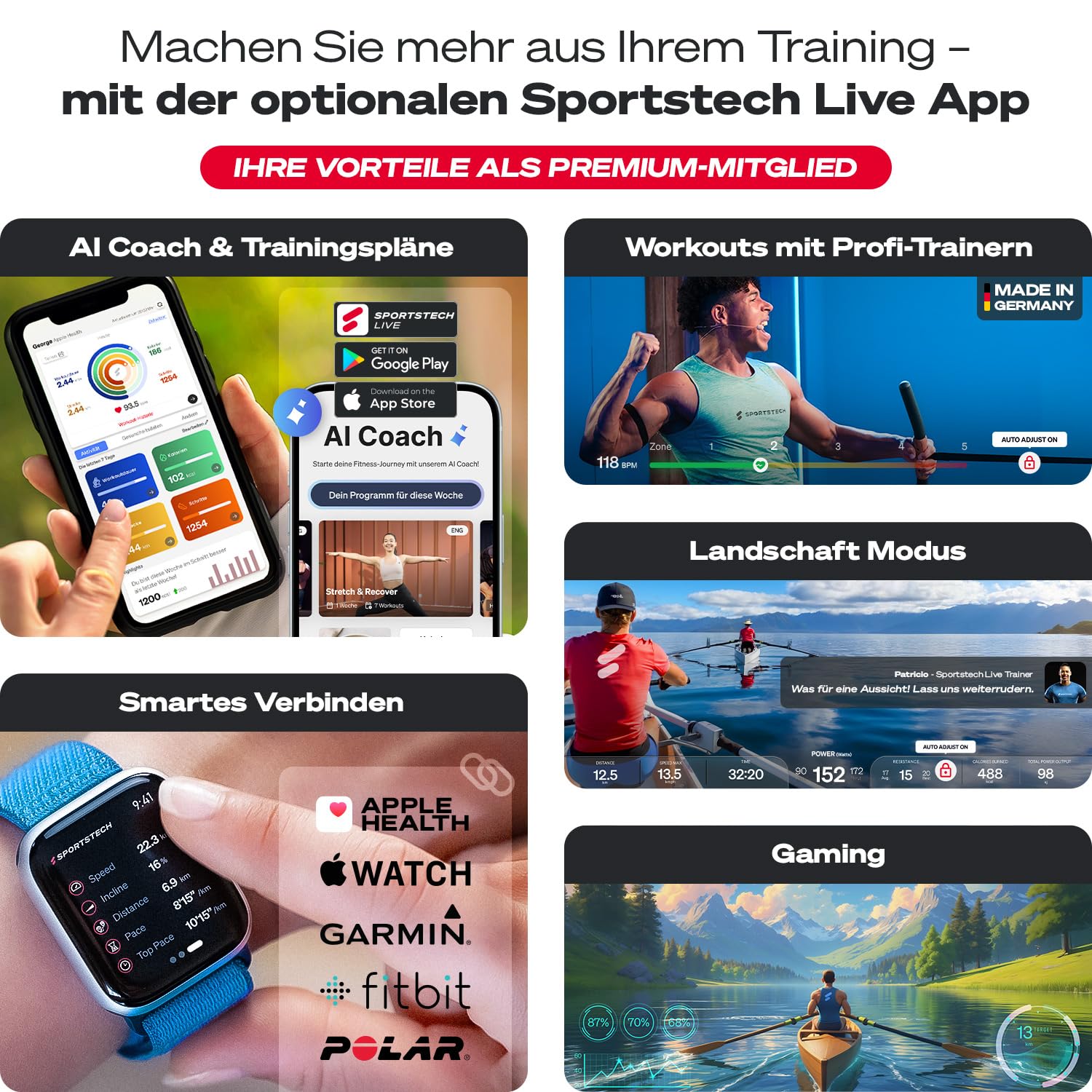 Sportstech Rudergerät für Zuhause + 32 Stufen Magnetwiderstand PROwer | Dual Slide Rail, LED Knob Display, bis 150 kg, Bluetooth App, leise, vertikal verstaubar