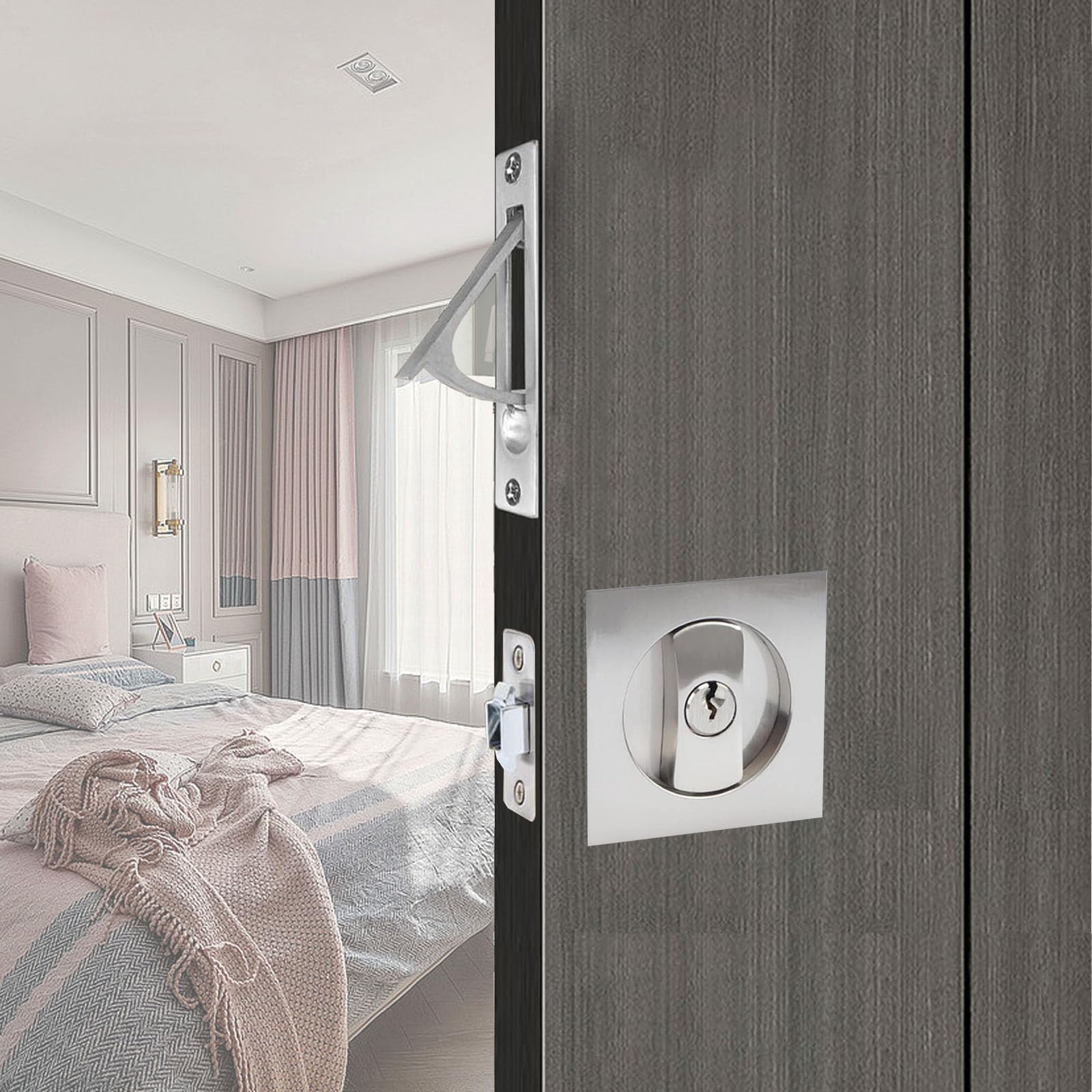 Betensh 66Mm-With Door Edge Handle-Silver Square Sliding Door Lock Invisible Recessed 2 Sided Door Lock Mortise Keyed Pocket Door Lock With Edge Pull Privacy Pocket Door Handle 66 Mm Silver