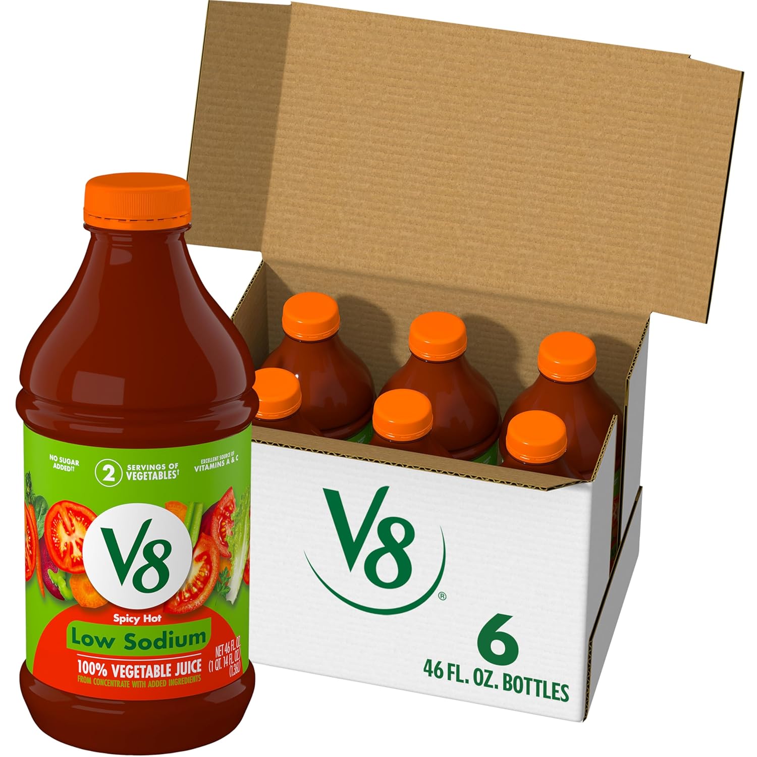 V8 Low Sodium Spicy Hot 100% Vegetable Juice, 46 fl oz Bottle (6 Pack) Spicy Hot Low Sodium 46 Fl Oz (Pack of 6)