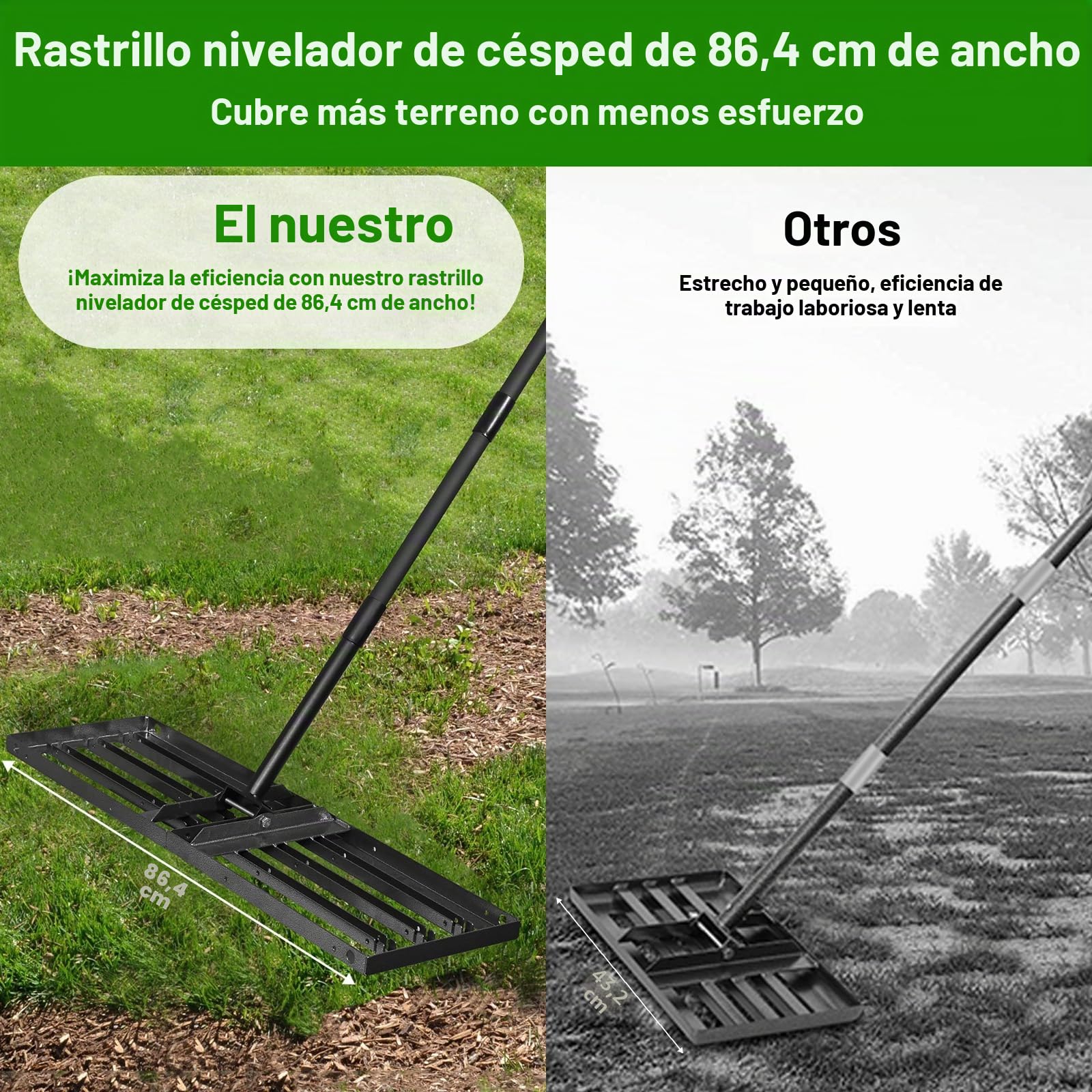 Rastrillo Nivelador de Césped 87x24cm,Herramienta Niveladora de Césped con 172.5cm de Mango Largo Ajustable para Nivelar Tierra,Arena o Suciedad,Nivelador de Césped para Patio,Jardín,Golf Campo,Granja
